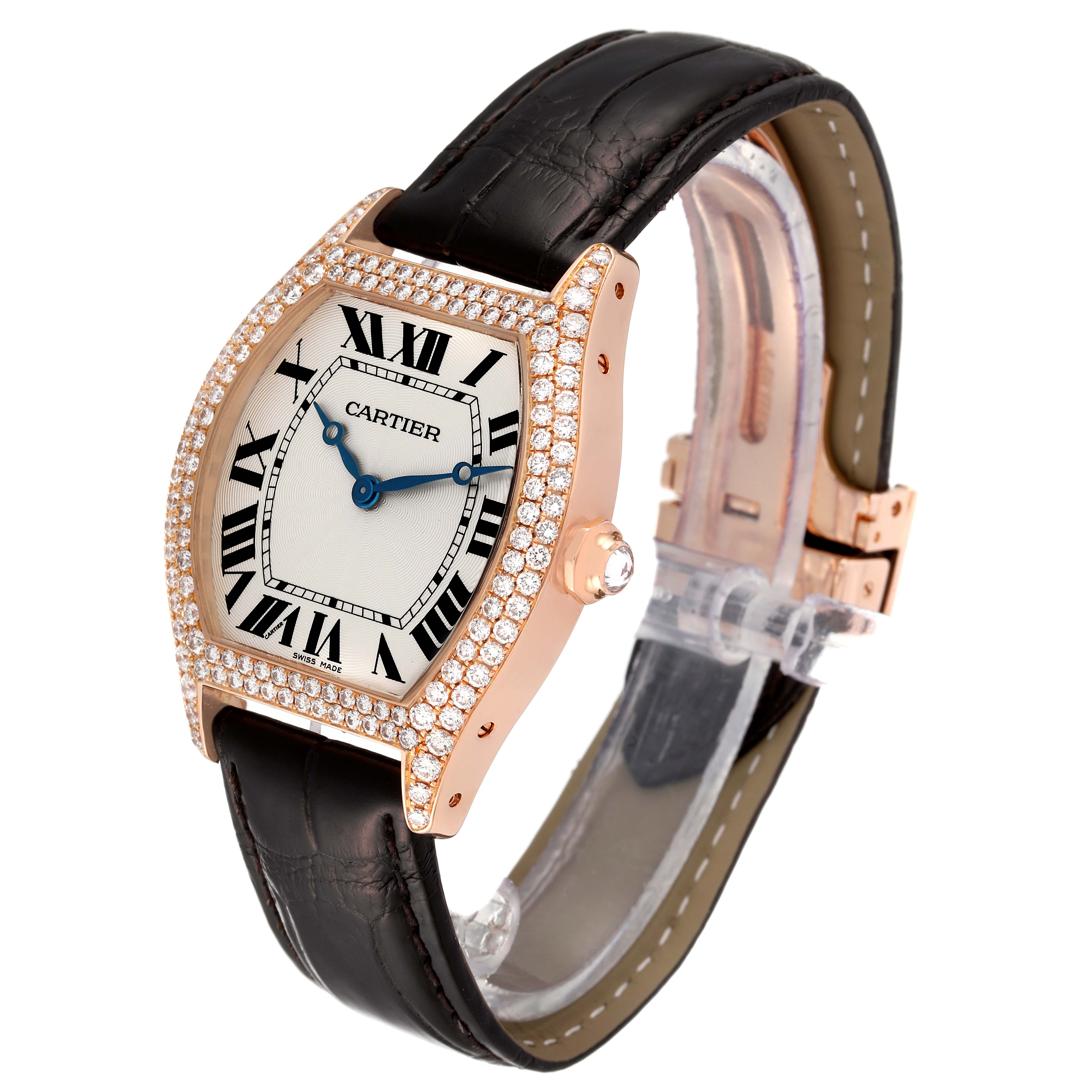 The image shows a Cartier Tortue WA503751 Men's Rose Gold Silver Dial WA503751 Men's Rose Gold Silver Dial watch from an angled side view, highlighting the face, crown, and straps.