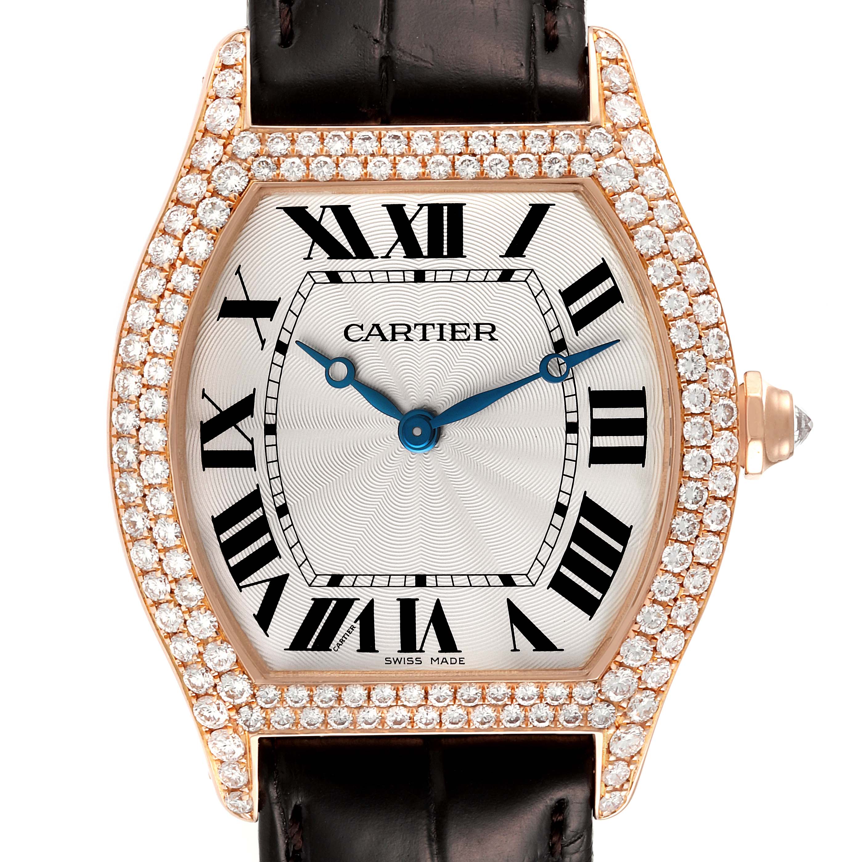 The image shows a close-up of the face of a Cartier Tortue WA503751 Men's Rose Gold Silver Dial WA503751 Men's Rose Gold Silver Dial watch, featuring a diamond-encrusted bezel and black roman numerals.