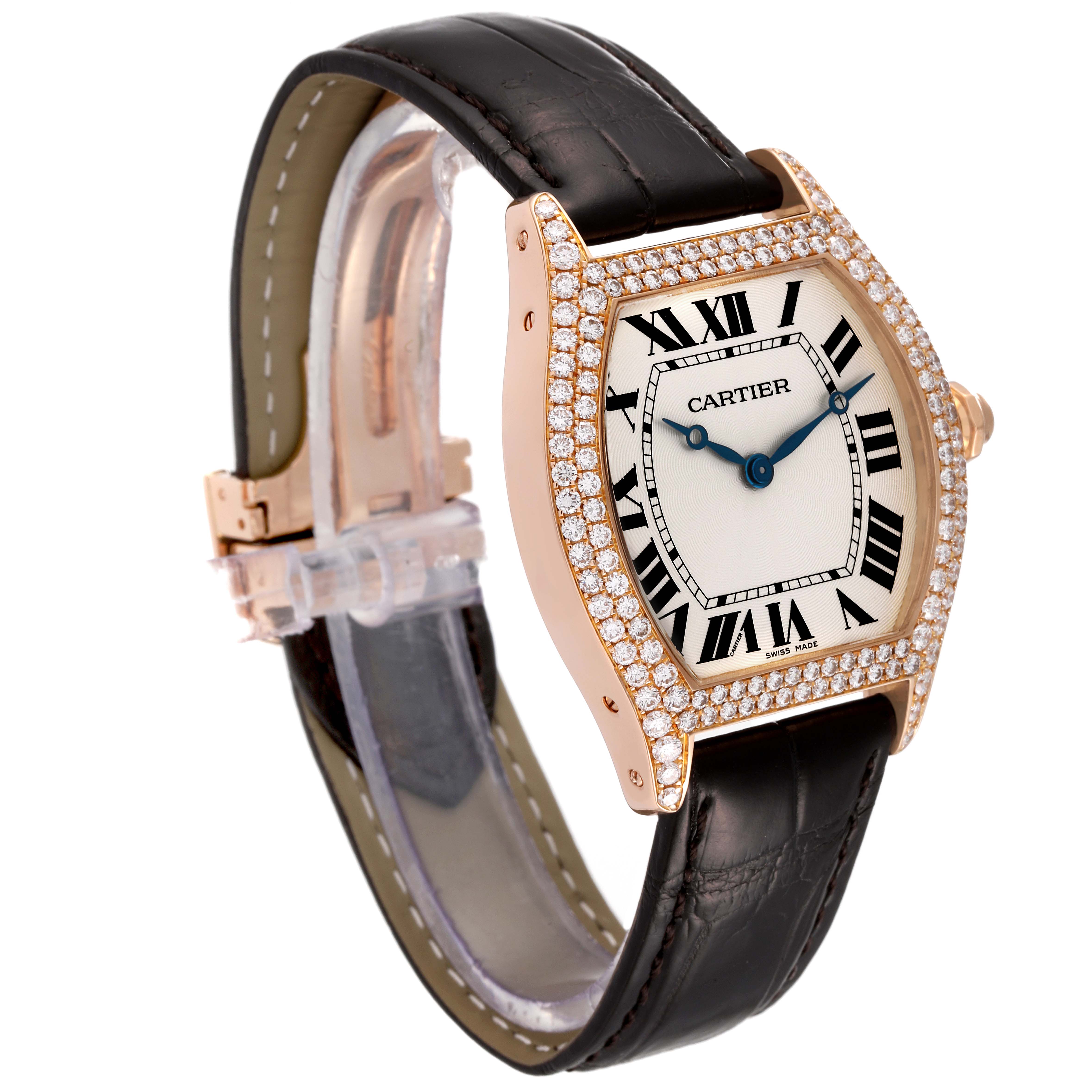 This image shows a Cartier Tortue WA503751 Men's Rose Gold Silver Dial WA503751 Men's Rose Gold Silver Dial watch at a three-quarter angle, highlighting the face, bezel, strap, and clasp.