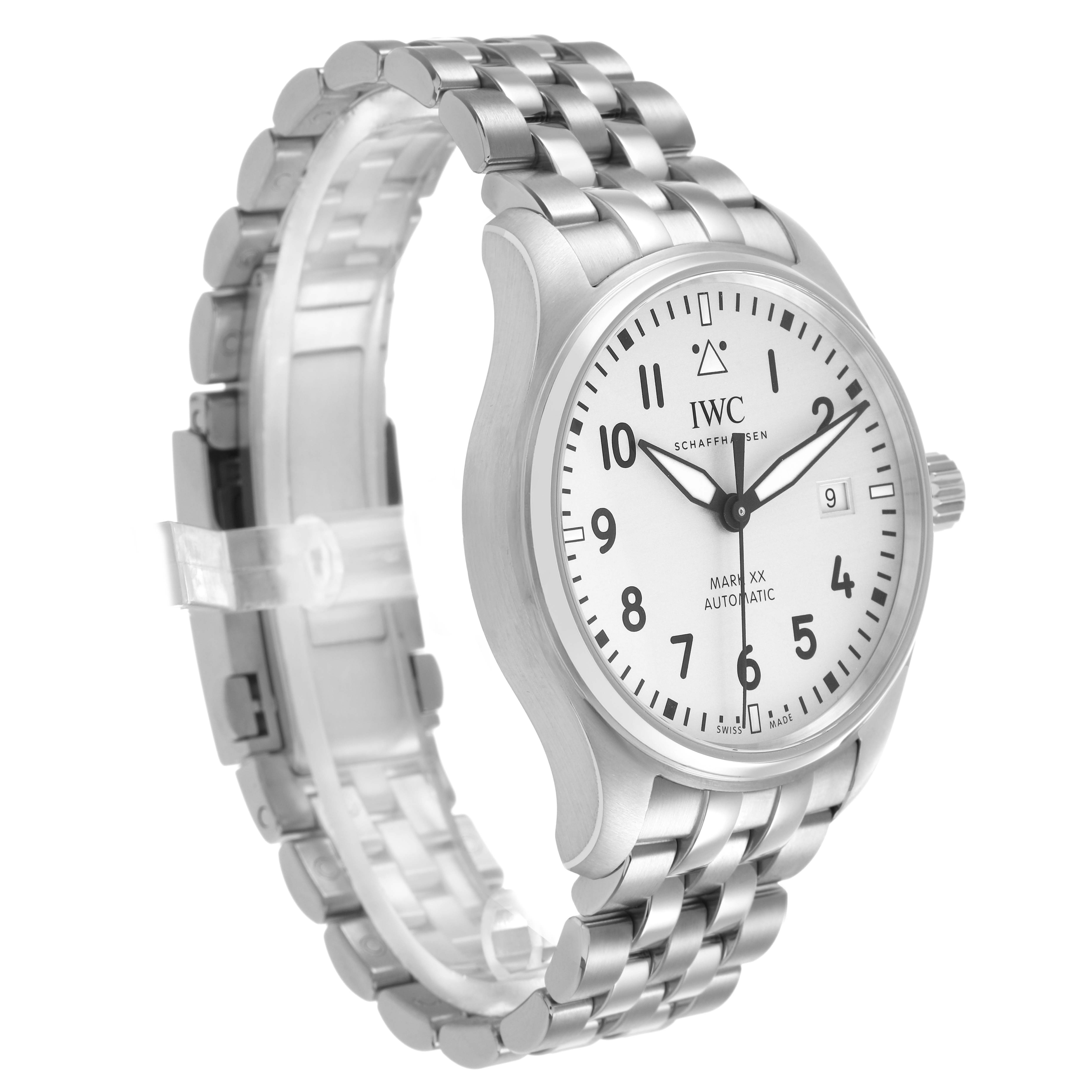 The IWC Pilot IW328207 Men's Stainless Steel Silver Dial watch is shown at a slight angle, displaying its face, crown, and stainless steel bracelet.