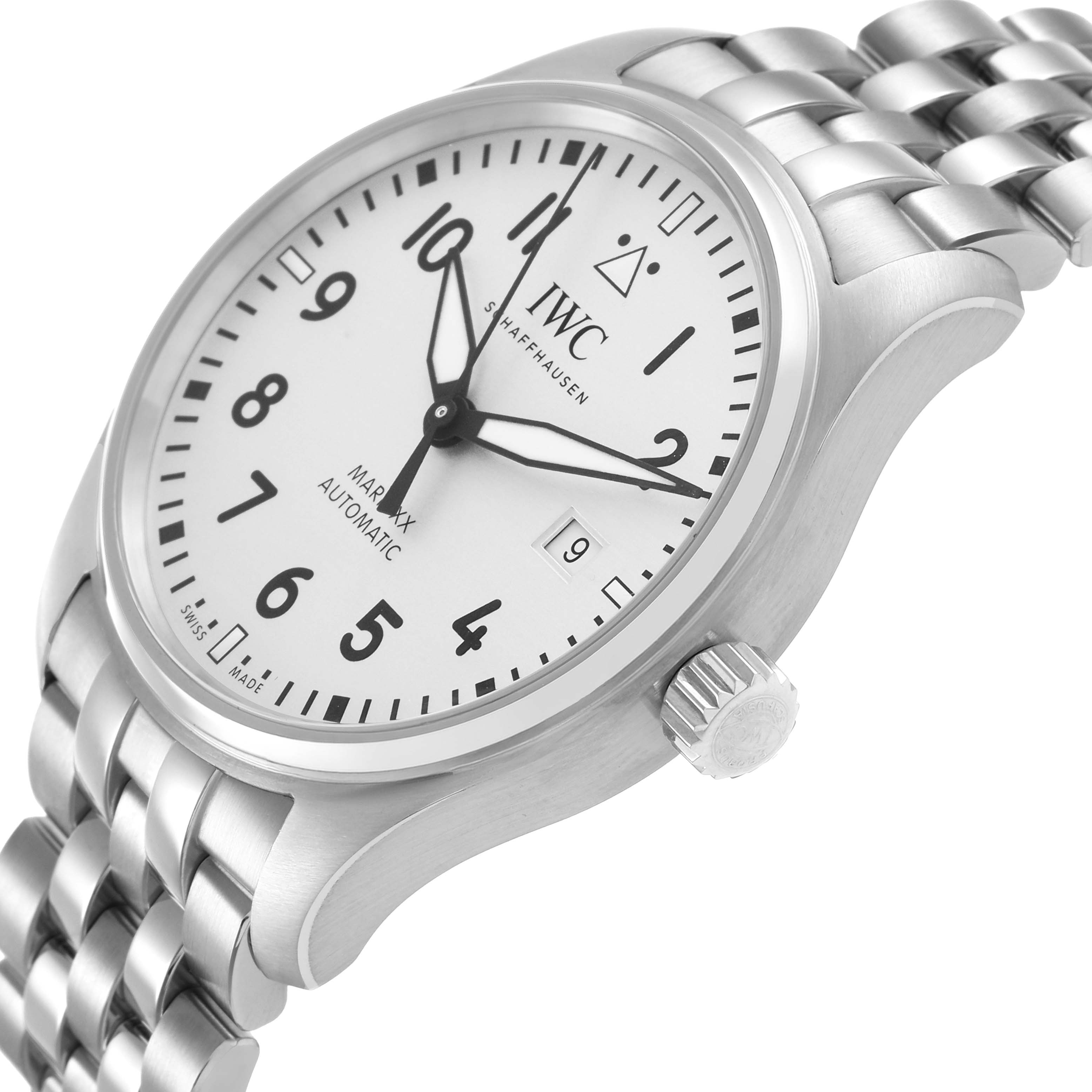 The IWC Pilot IW328207 Men's Stainless Steel Silver Dial watch is shown at an angle displaying the face, crown, and bracelet.