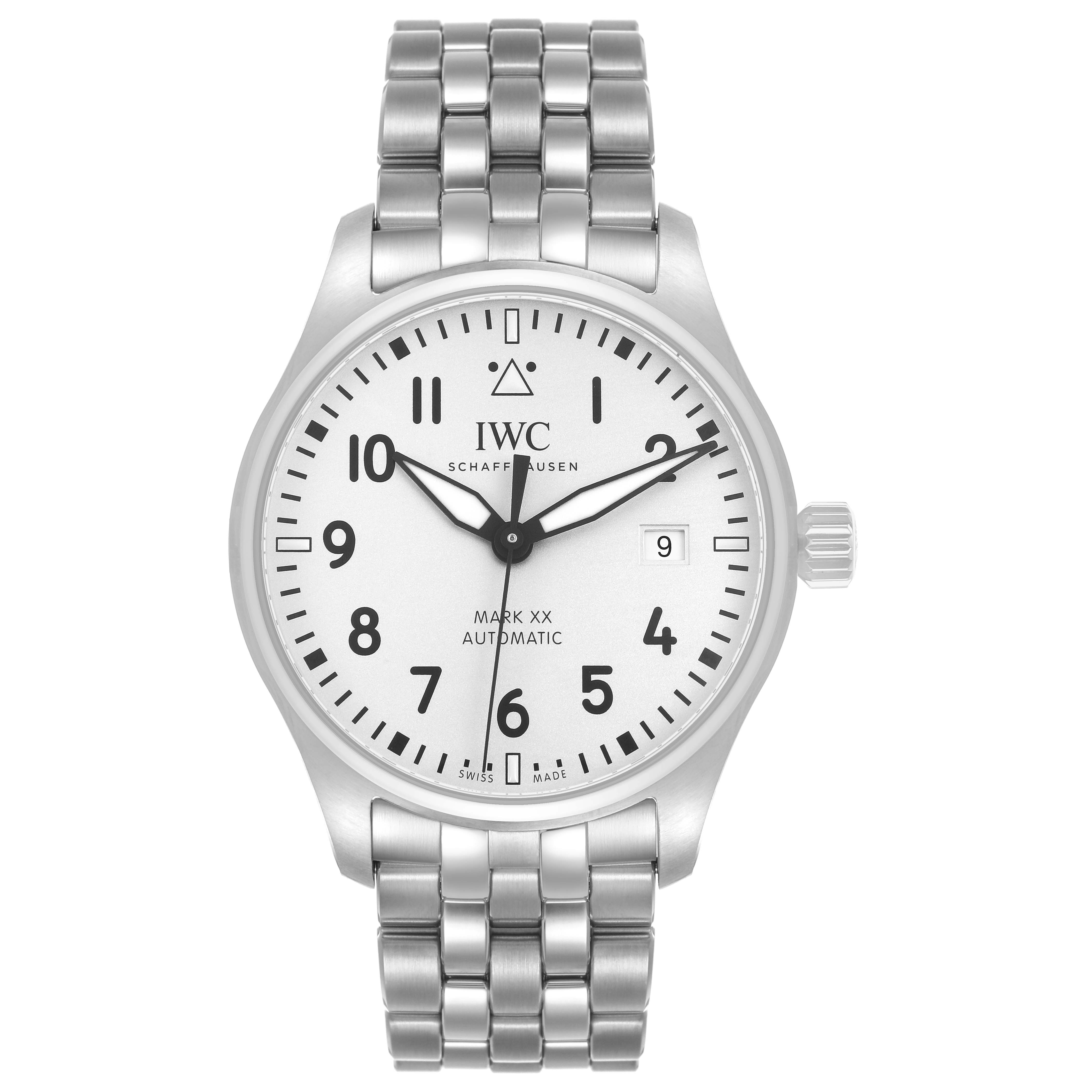 The IWC Pilot IW328207 Men's Stainless Steel Silver Dial Mark XX is shown from a front angle, displaying the dial, strap, and crown.