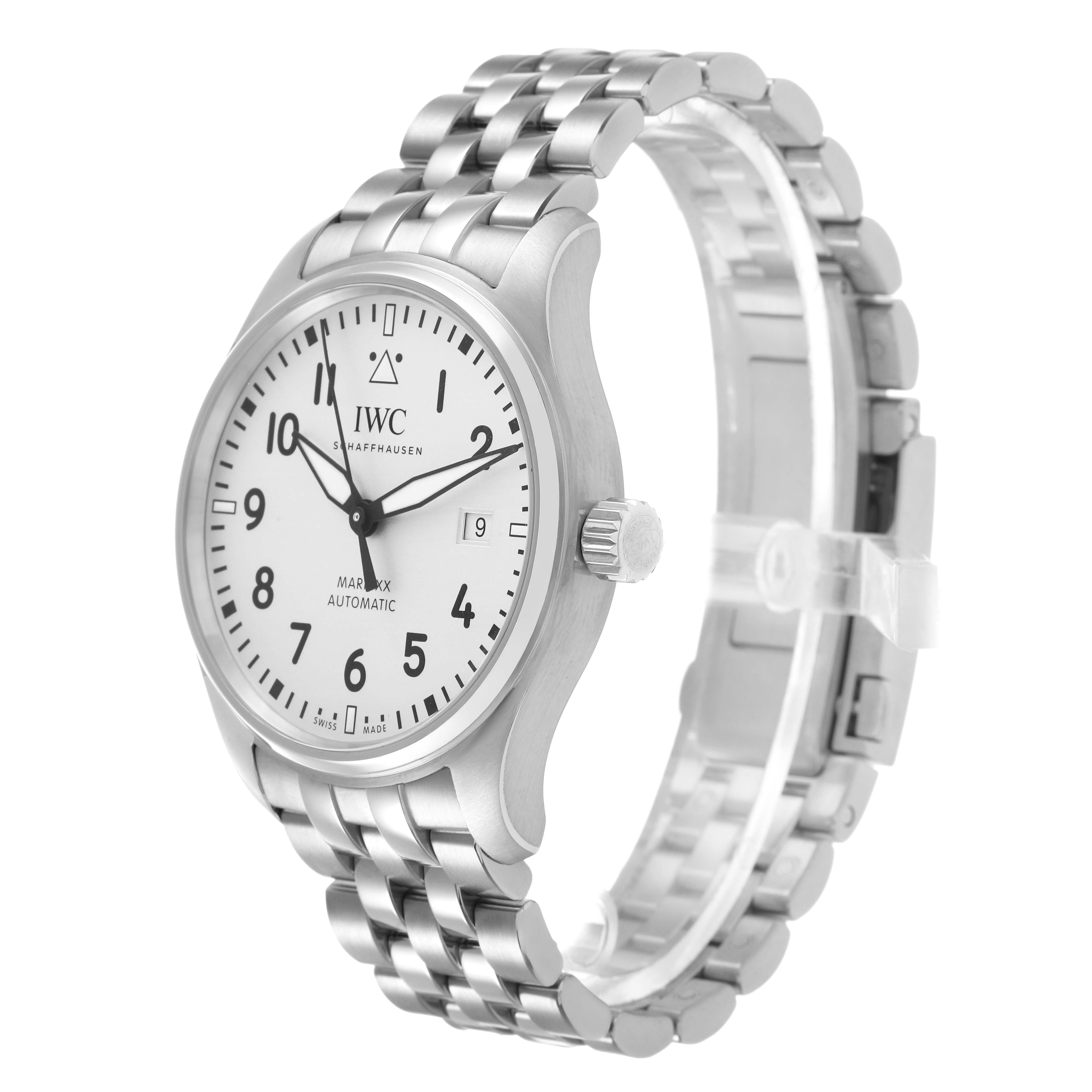 The IWC Pilot IW328207 Men's Stainless Steel Silver Dial watch is shown at an angled side view, highlighting the face, bezel, crown, and metal bracelet.