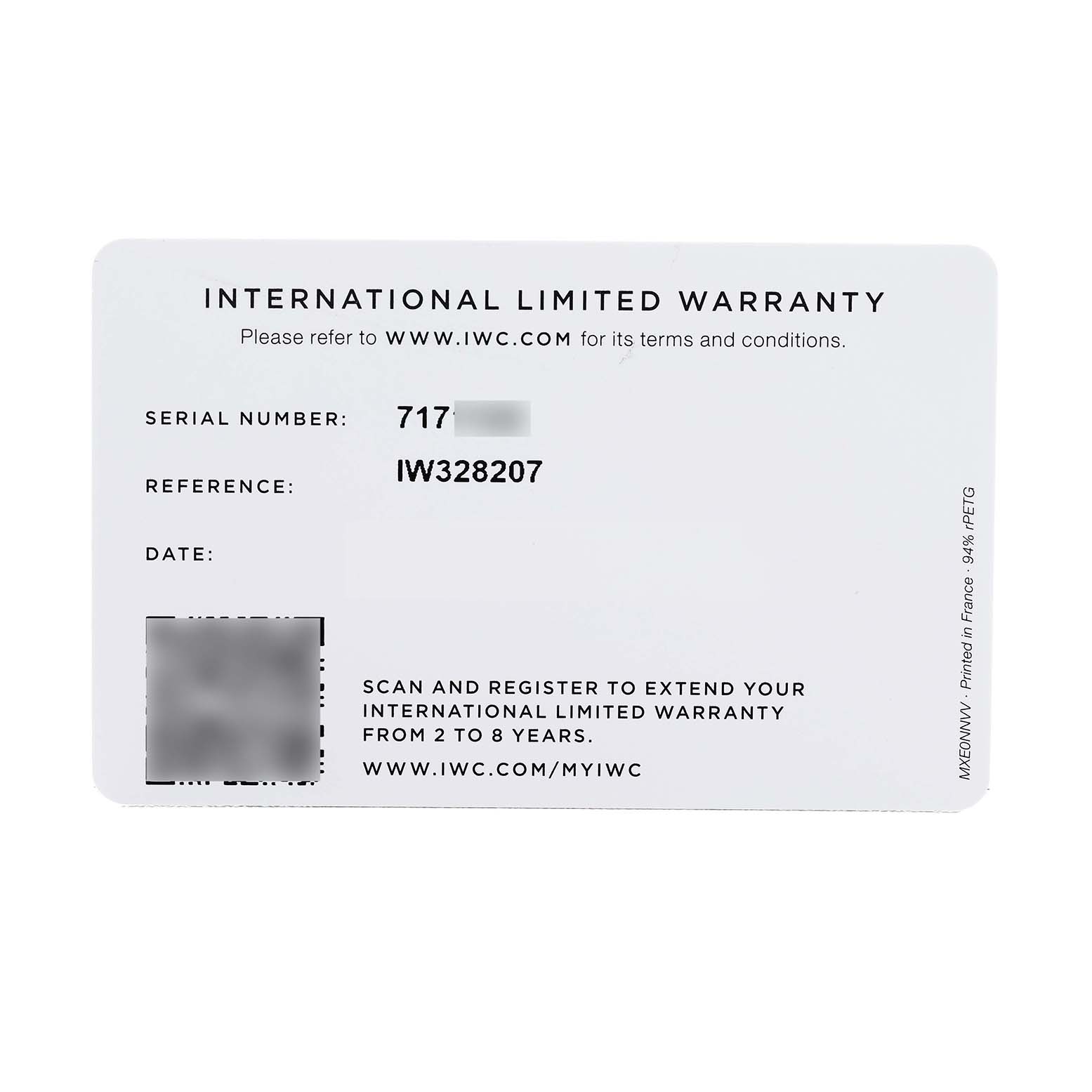 The image shows an IWC Pilot IW328207 Men's Stainless Steel Silver Dial model International Limited Warranty card with serial and reference numbers.