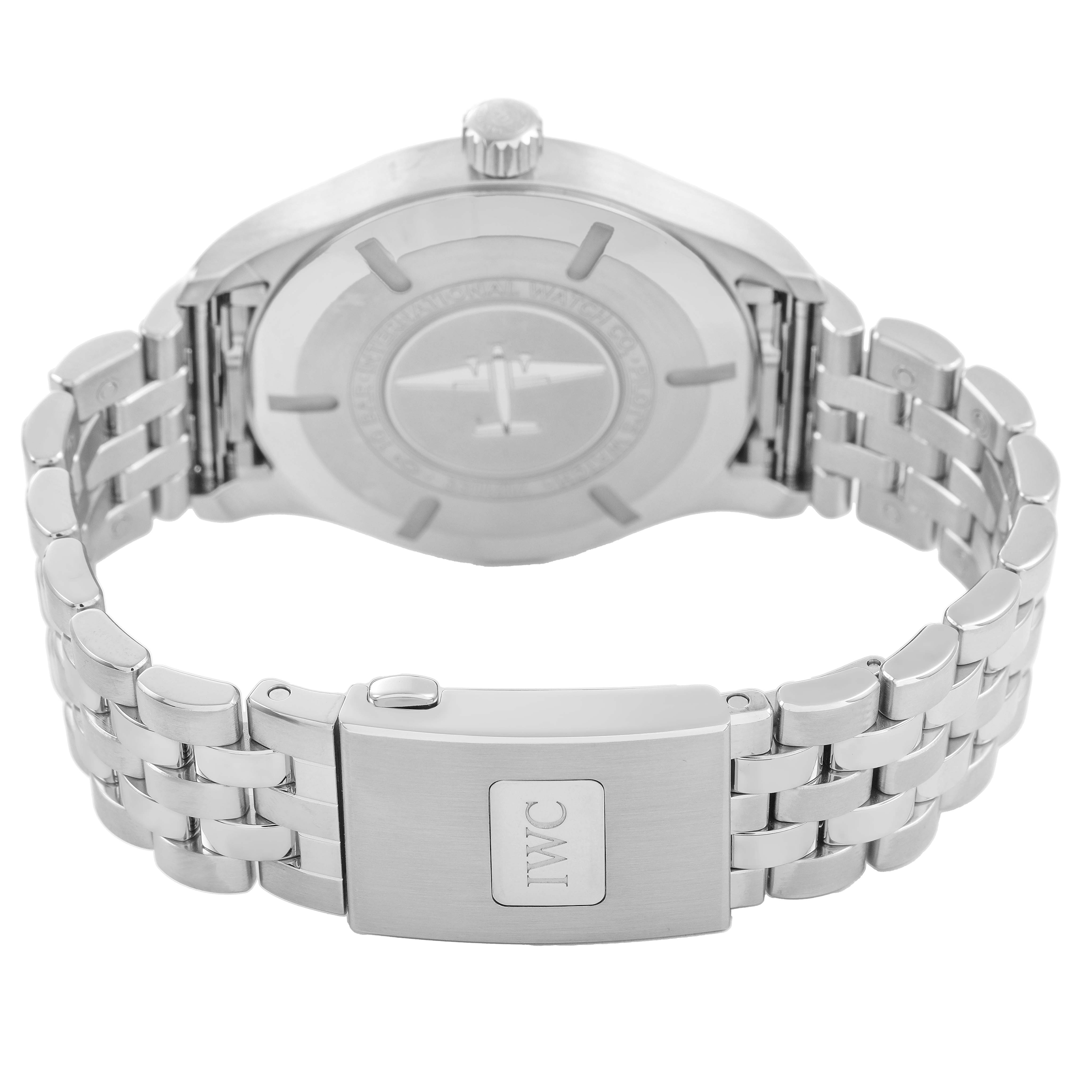 The IWC Pilot IW328207 Men's Stainless Steel Silver Dial model watch is shown from the back, highlighting the case back, crown, and bracelet clasp.