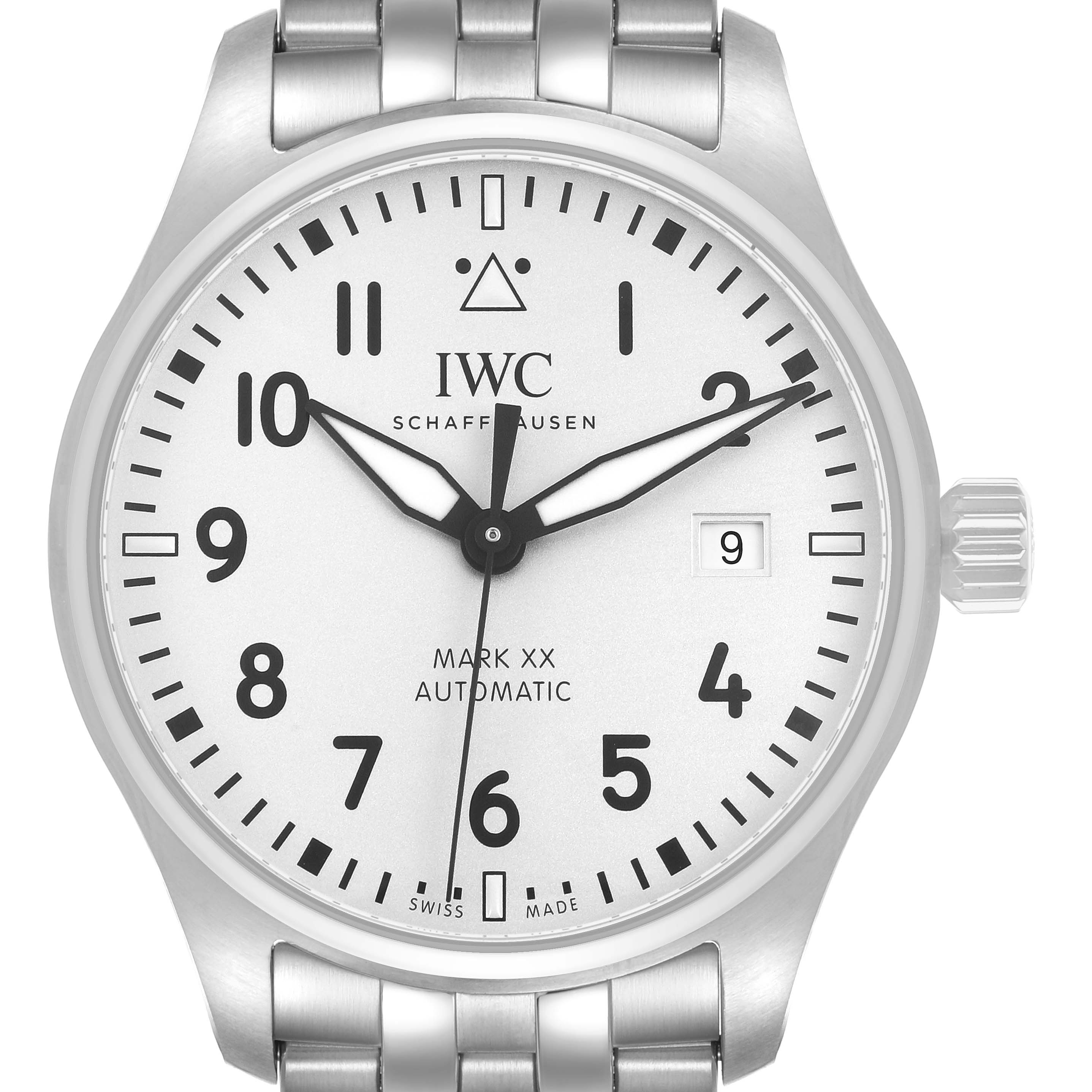 The IWC Pilot IW328207 Men's Stainless Steel Silver Dial Mark XX is shown from the front, highlighting the dial, crown, and bracelet.