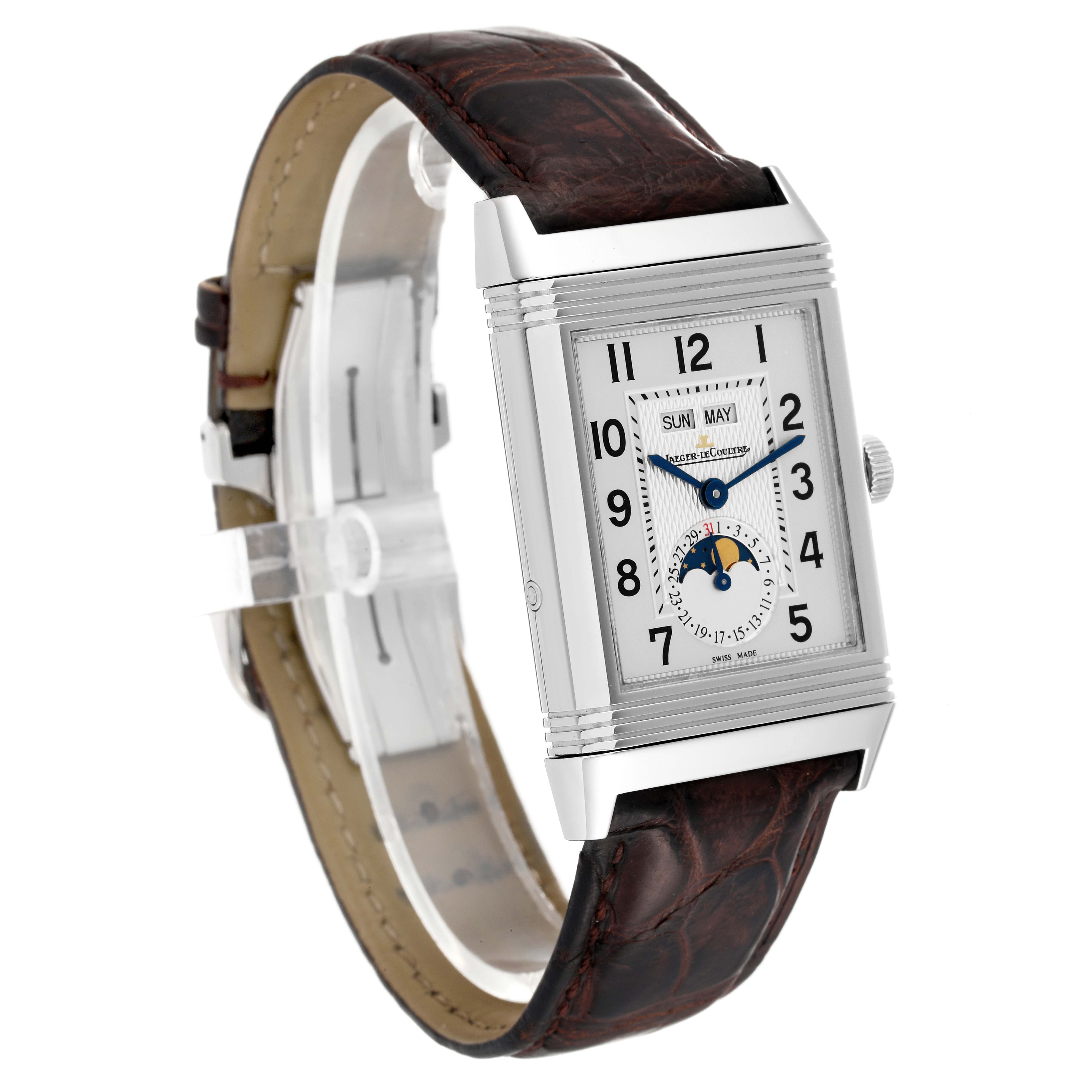 The image shows a Jaeger LeCoultre Reverso Q3758420 Men
s Stainless Steel Silver Dial Q3758420 Men
s Stainless Steel Silver Dial watch at a three-quarter angle, displaying its face, side, and brown leather strap.