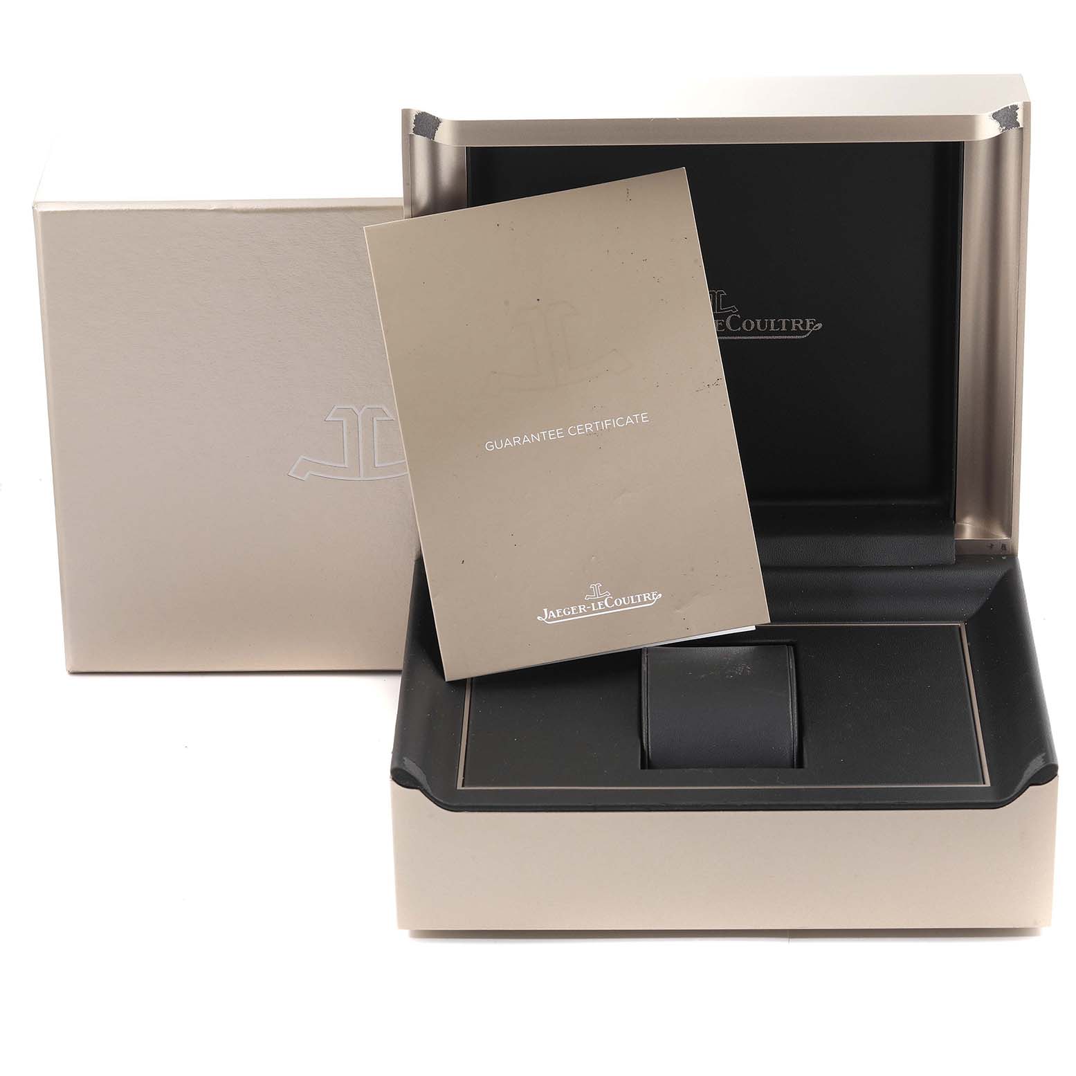 The image shows the Jaeger-LeCoultre Reverso watch box and guarantee certificate.