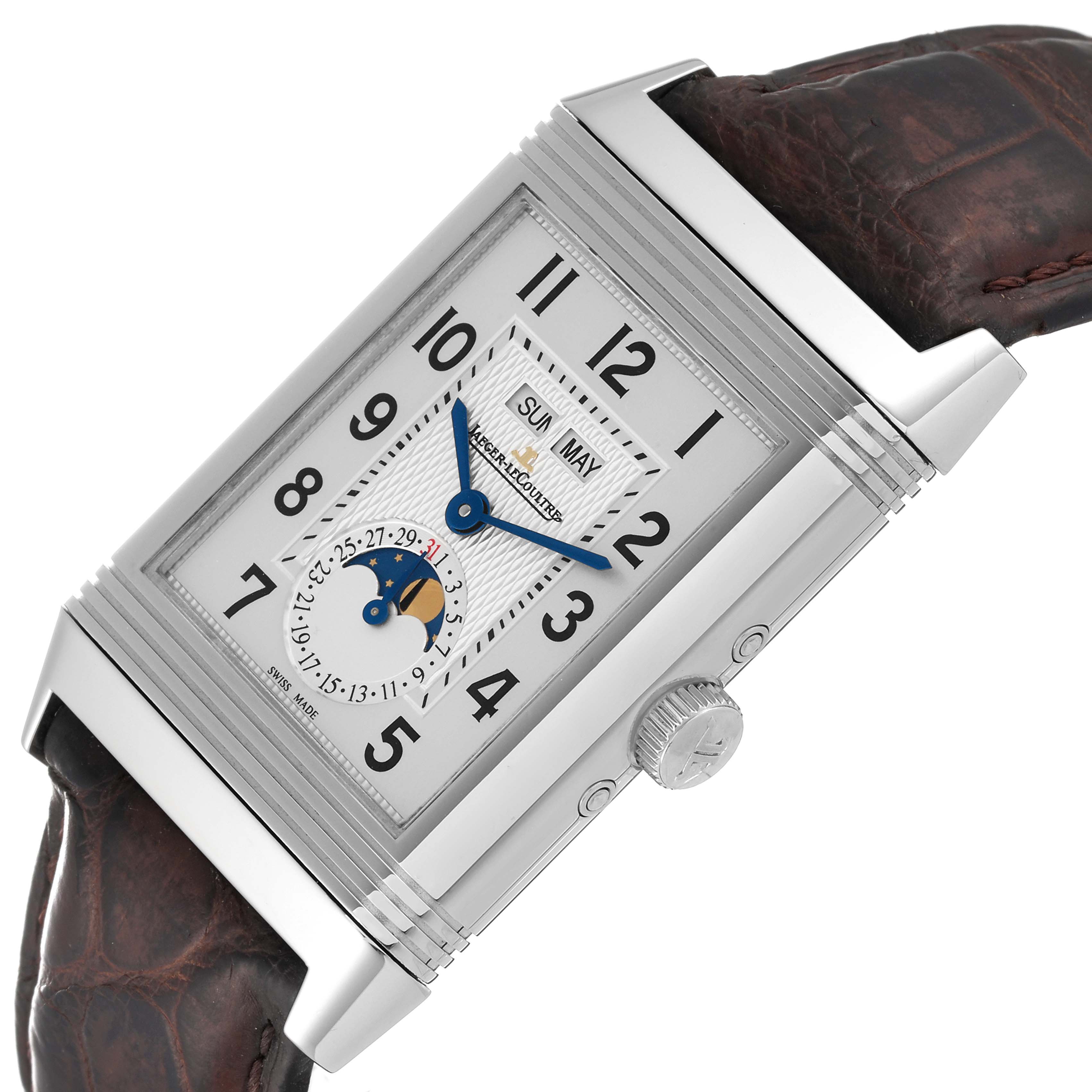 The Jaeger LeCoultre Reverso Q3758420 Men
s Stainless Steel Silver Dial Q3758420 Men
s Stainless Steel Silver Dial watch is shown from a slight side angle, highlighting its dial, crown, and leather strap.