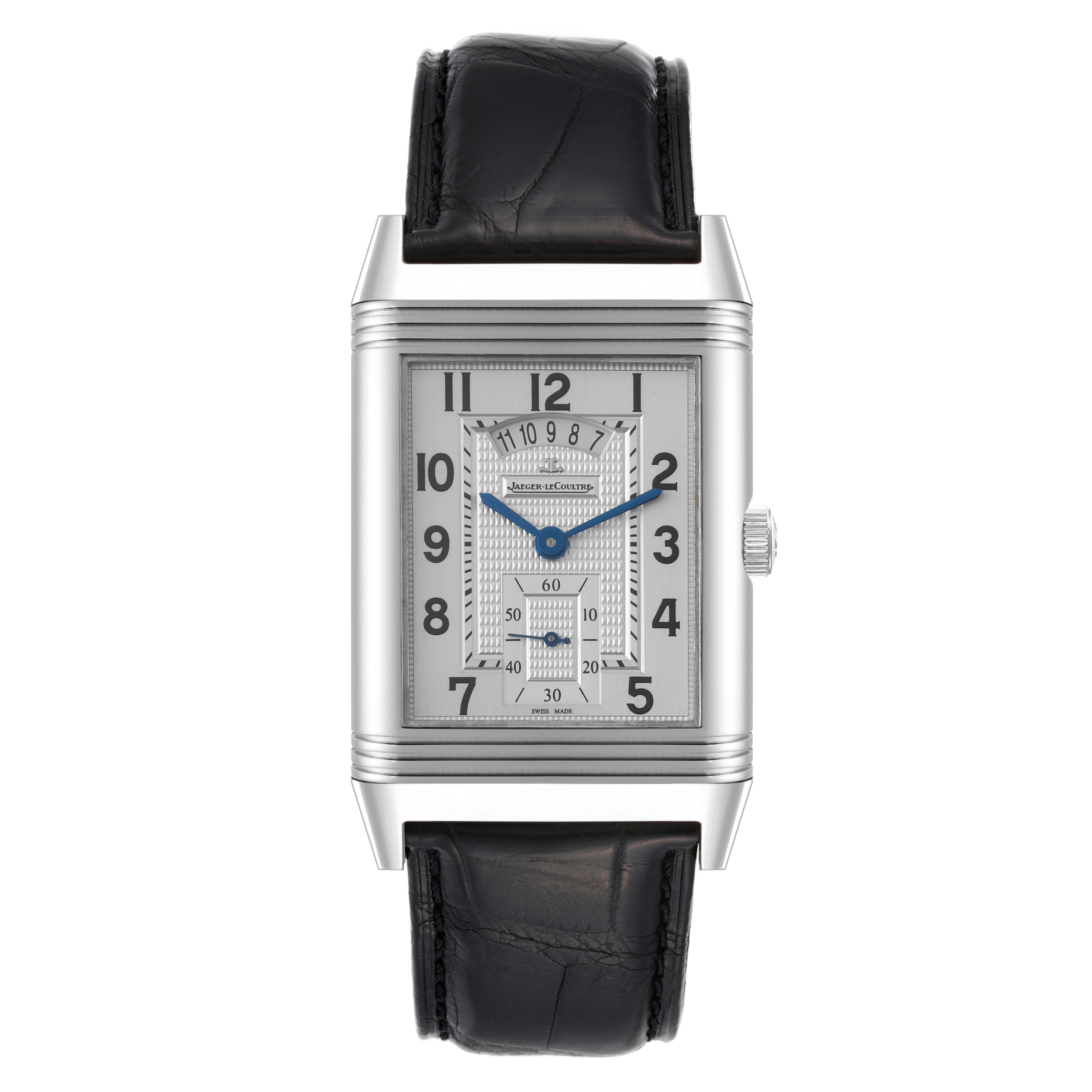 This image shows a frontal view of the Jaeger LeCoultre Reverso Q3748421 Men
s Stainless Steel Silver Dial Q3748421 Men
s Stainless Steel Silver Dial watch, highlighting its dial, case, and black leather strap.