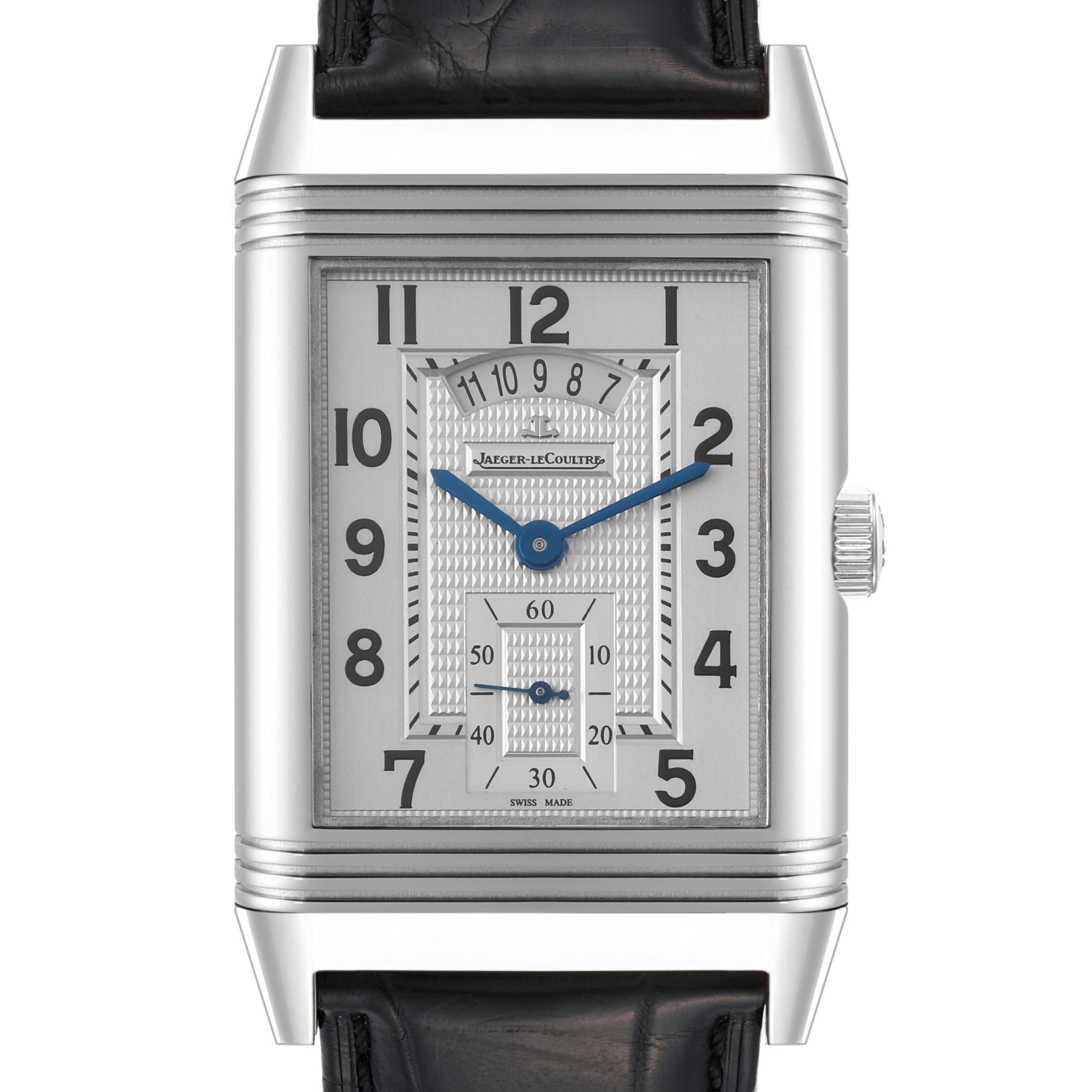 The image shows a frontal view of a Jaeger-LeCoultre Reverso watch, displaying its rectangular dial, hour markers, and leather strap.