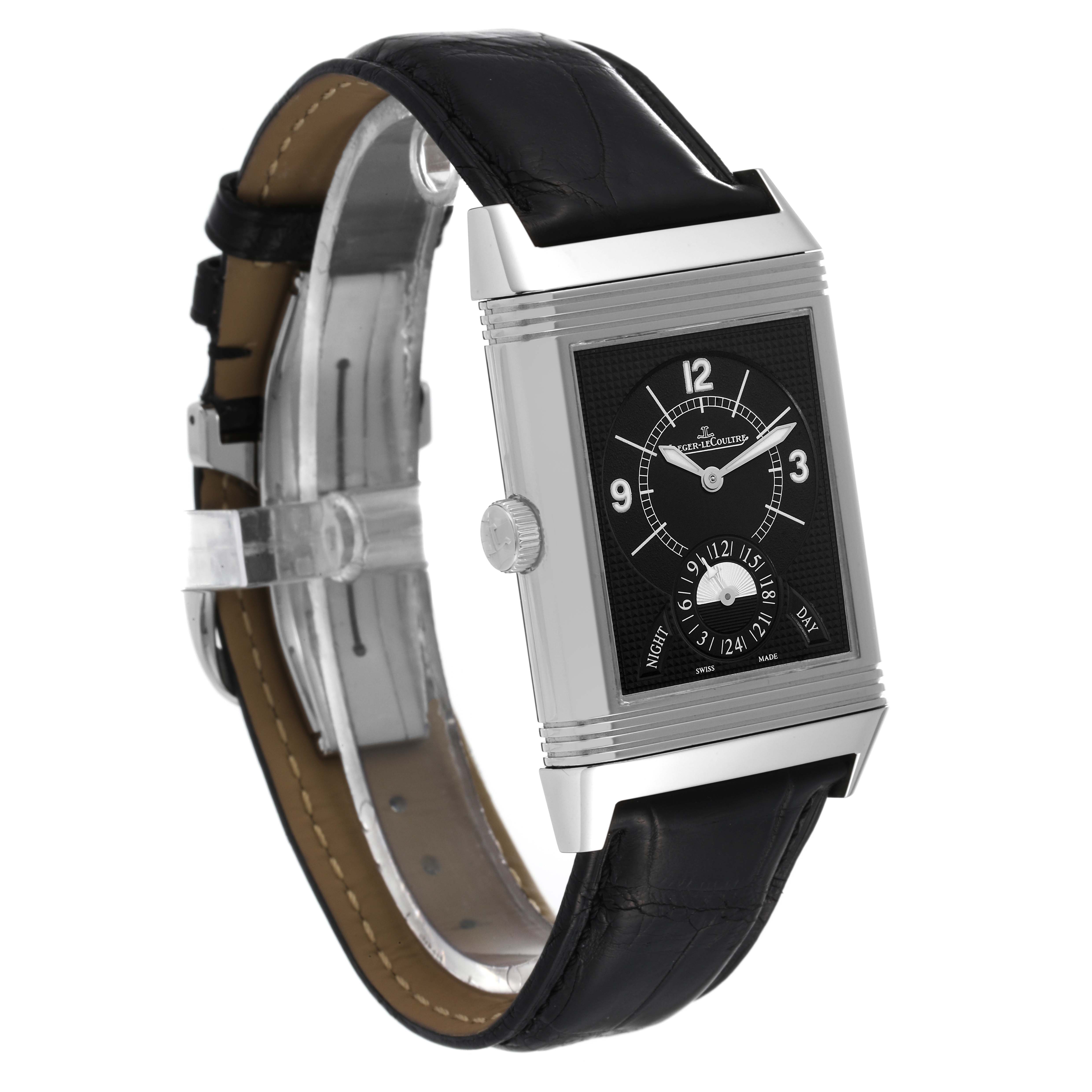 The angle shows a front and slightly left side view of the Jaeger LeCoultre Reverso Q3748421 Men
s Stainless Steel Silver Dial Q3748421 Men
s Stainless Steel Silver Dial watch, highlighting its face and strap.