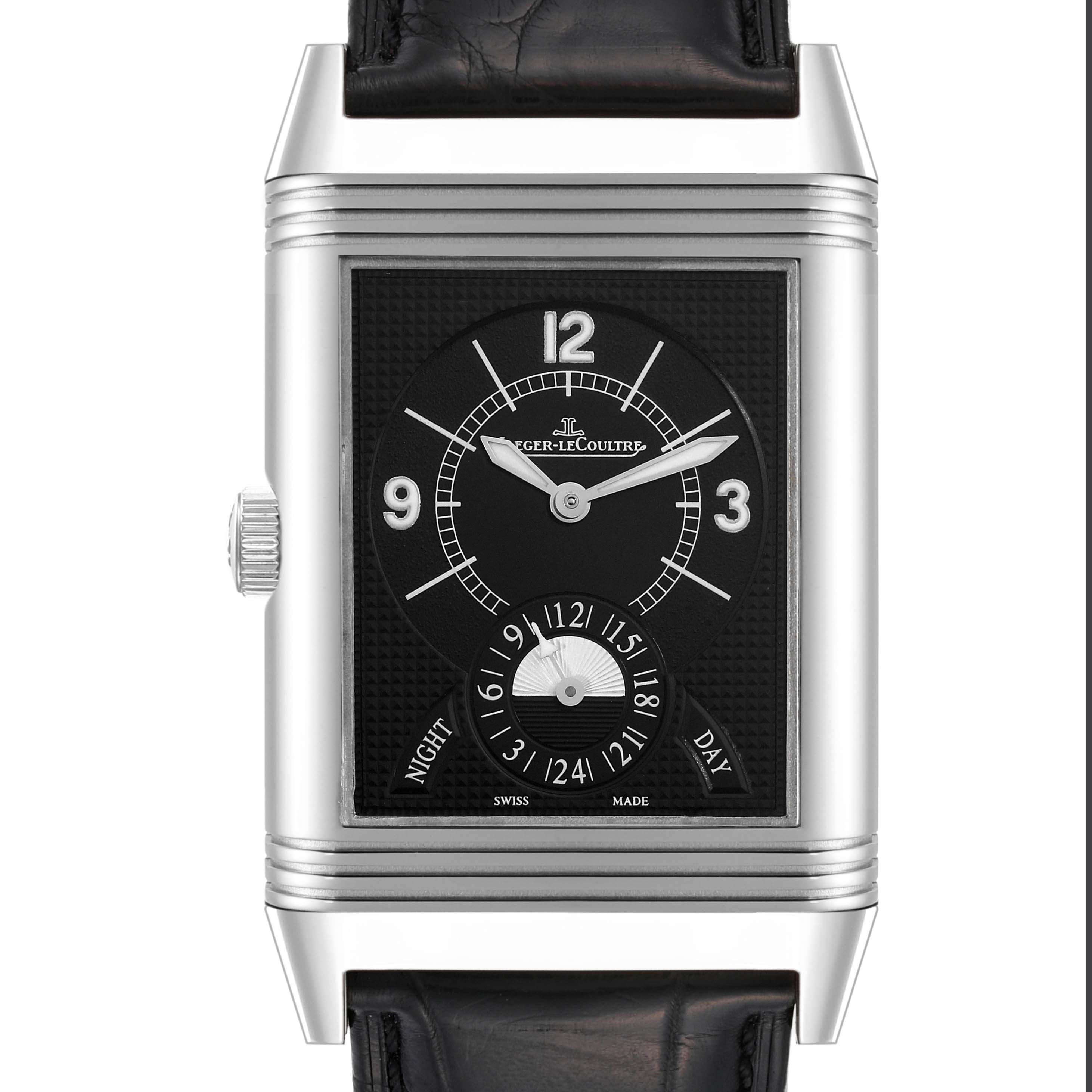 This image showcases the Jaeger-LeCoultre Reverso watch
s front, detailing its rectangular dial, hour markers, and leather strap.