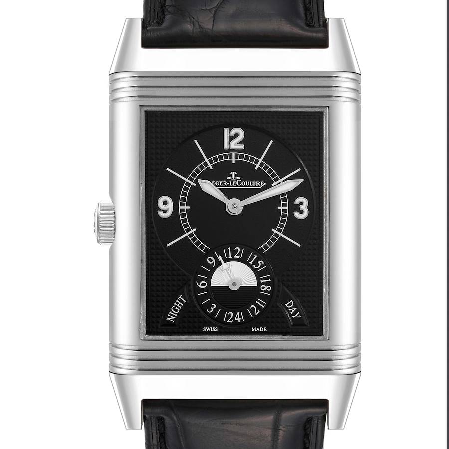 This image showcases the Jaeger-LeCoultre Reverso watch's front, detailing its rectangular dial, hour markers, and leather strap.