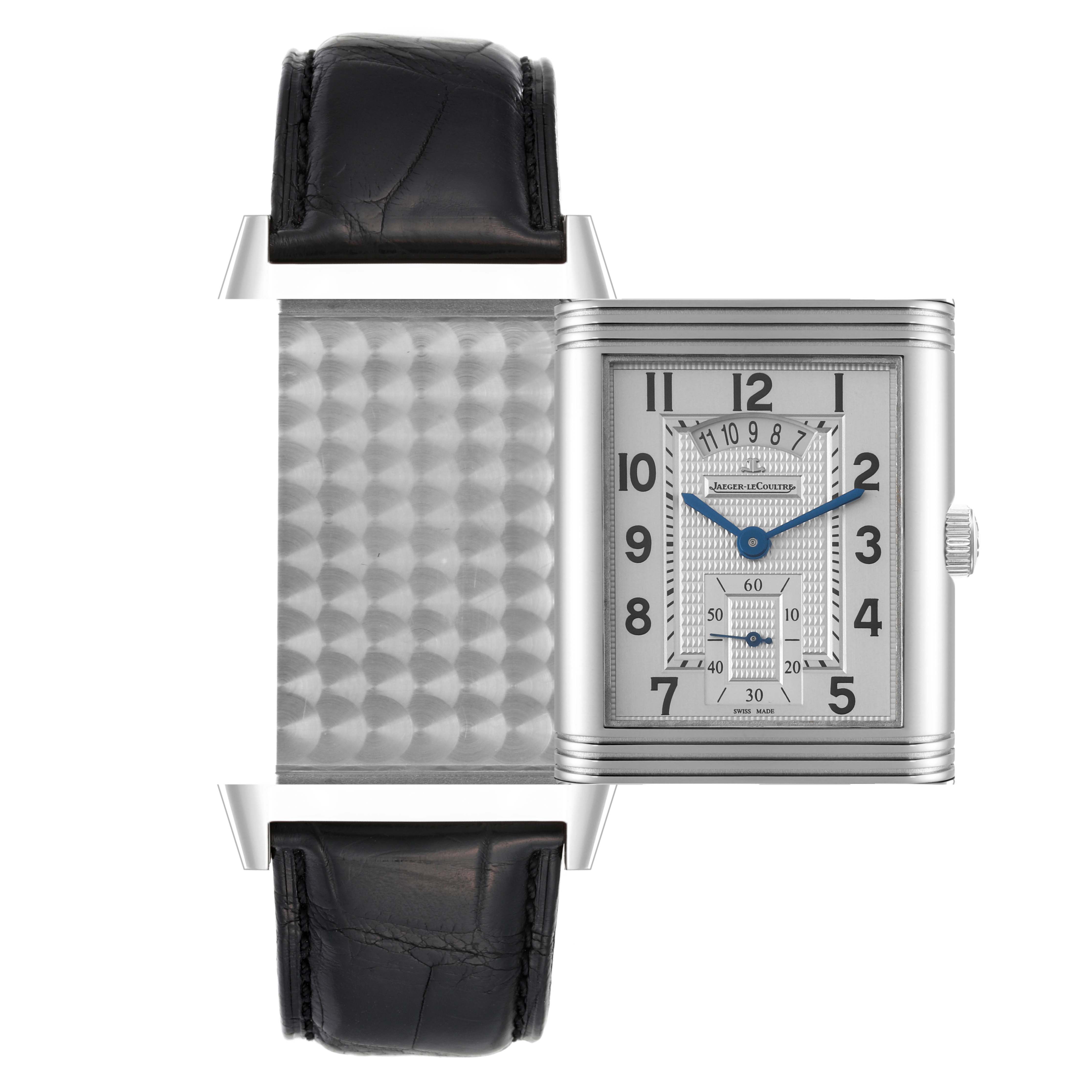 The image shows a Jaeger LeCoultre Reverso Q3748421 Men
s Stainless Steel Silver Dial Q3748421 Men
s Stainless Steel Silver Dial watch lying flat with its reversible case partially flipped to expose both sides.