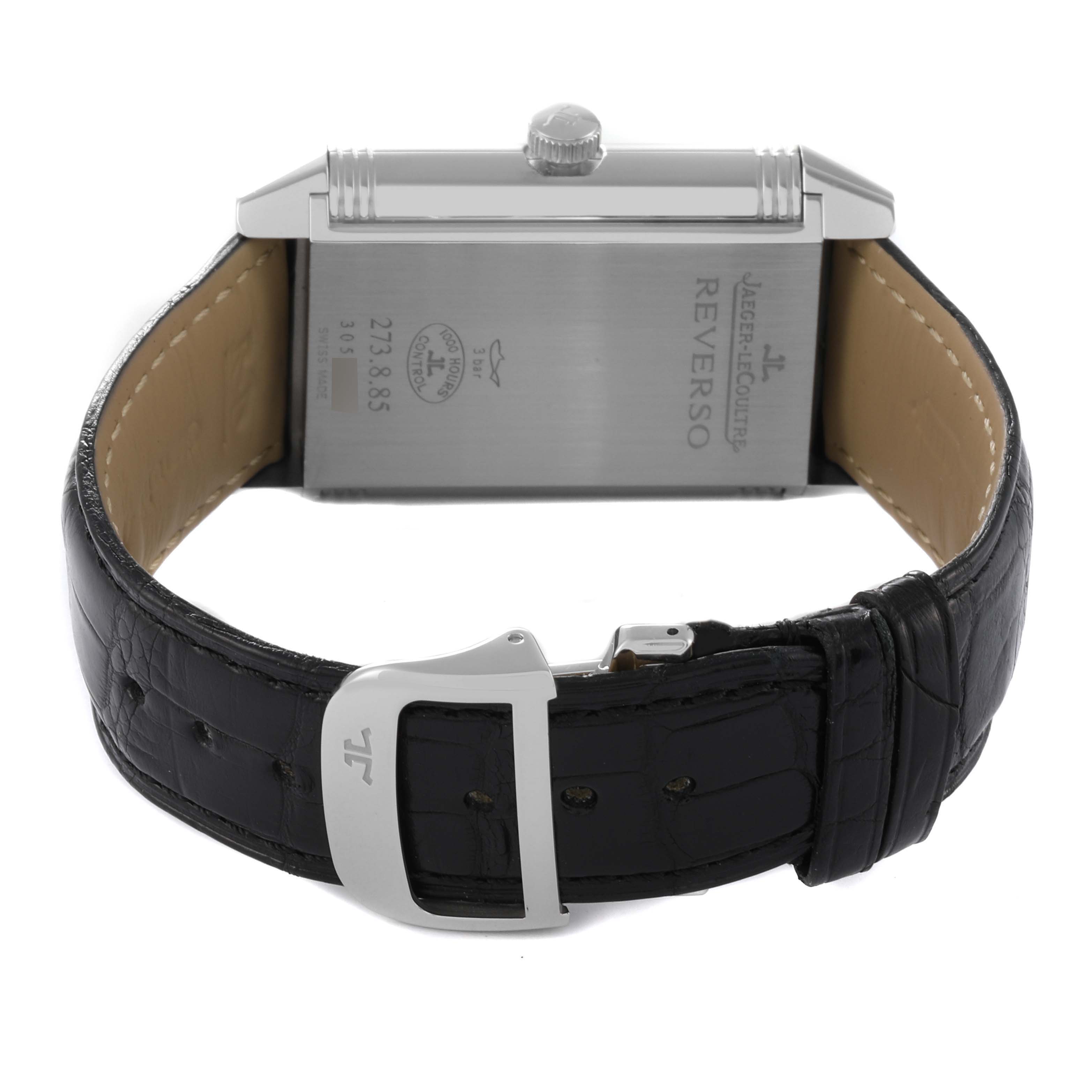 The image shows the back, side profile, and strap, including the buckle of the Jaeger-LeCoultre Reverso watch.