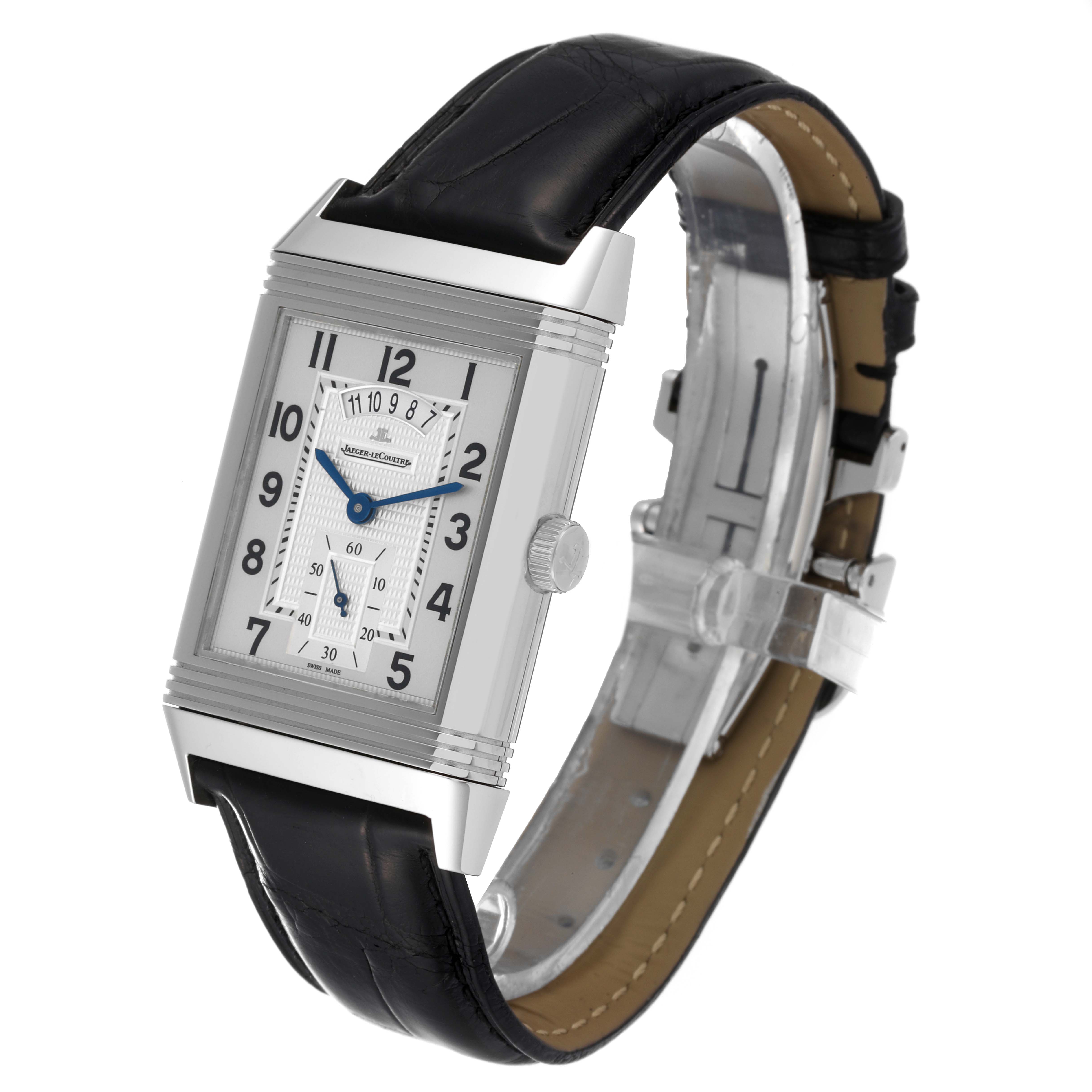 The image shows a Jaeger-LeCoultre Reverso watch at an angled view, highlighting its rectangular face and black leather strap.