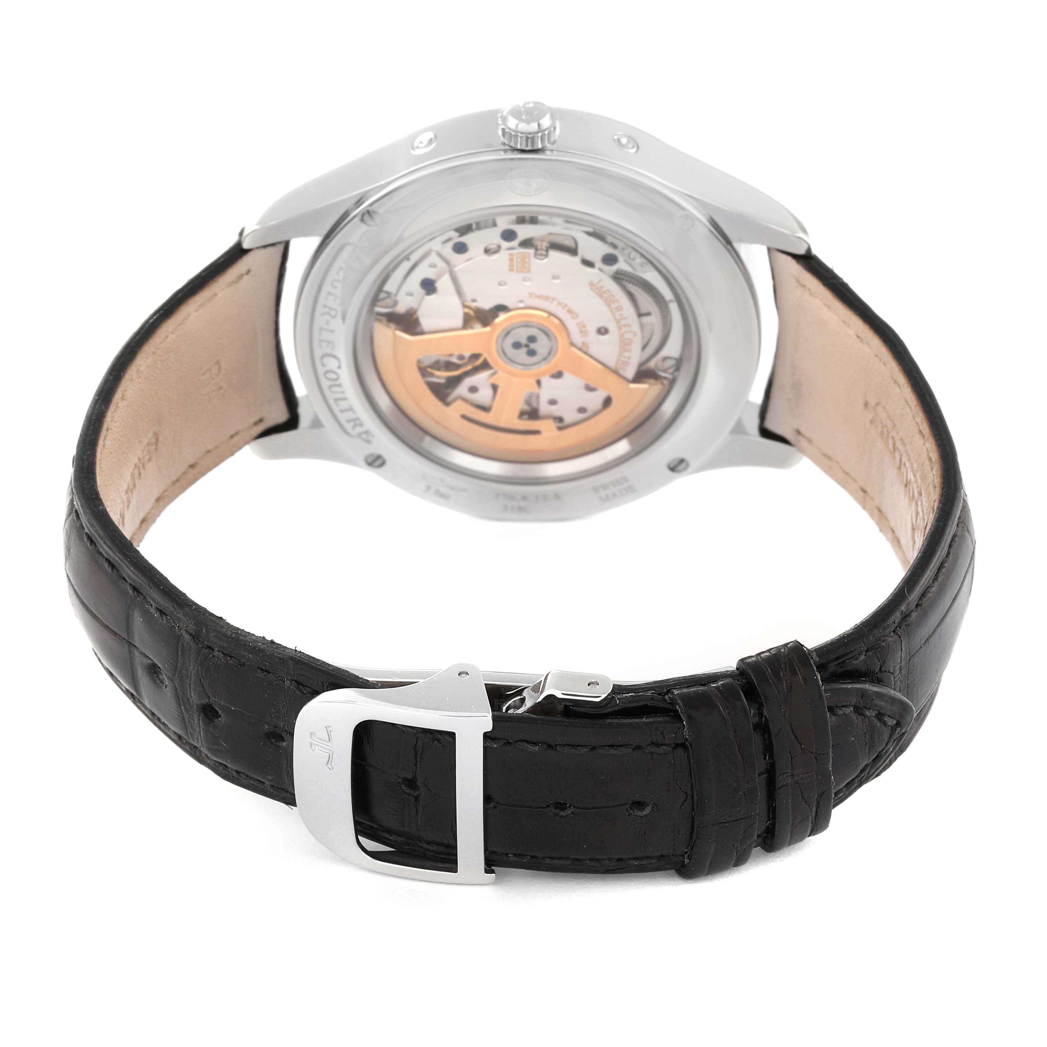 The image shows the rear view of a Jaeger LeCoultre Master Q1558421 Men's Stainless Steel Silver Dial Q1558421 Men's Stainless Steel Silver Dial model watch, highlighting its transparent case back and leather strap.