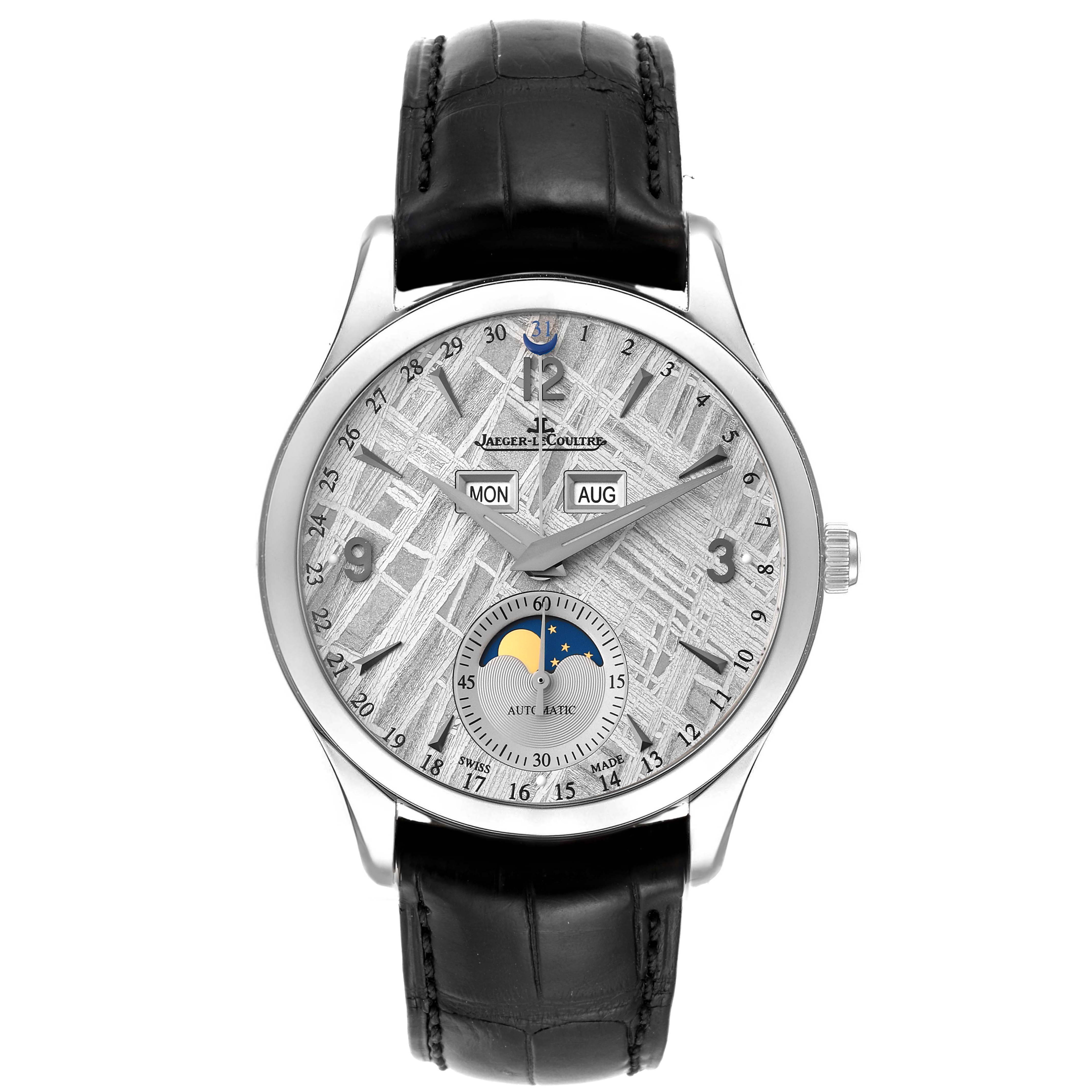 The Jaeger LeCoultre Master Q1558421 Men's Stainless Steel Silver Dial Q1558421 Men's Stainless Steel Silver Dial watch is shown from the front angle, displaying its dial, hands, calendar, and moon phase.