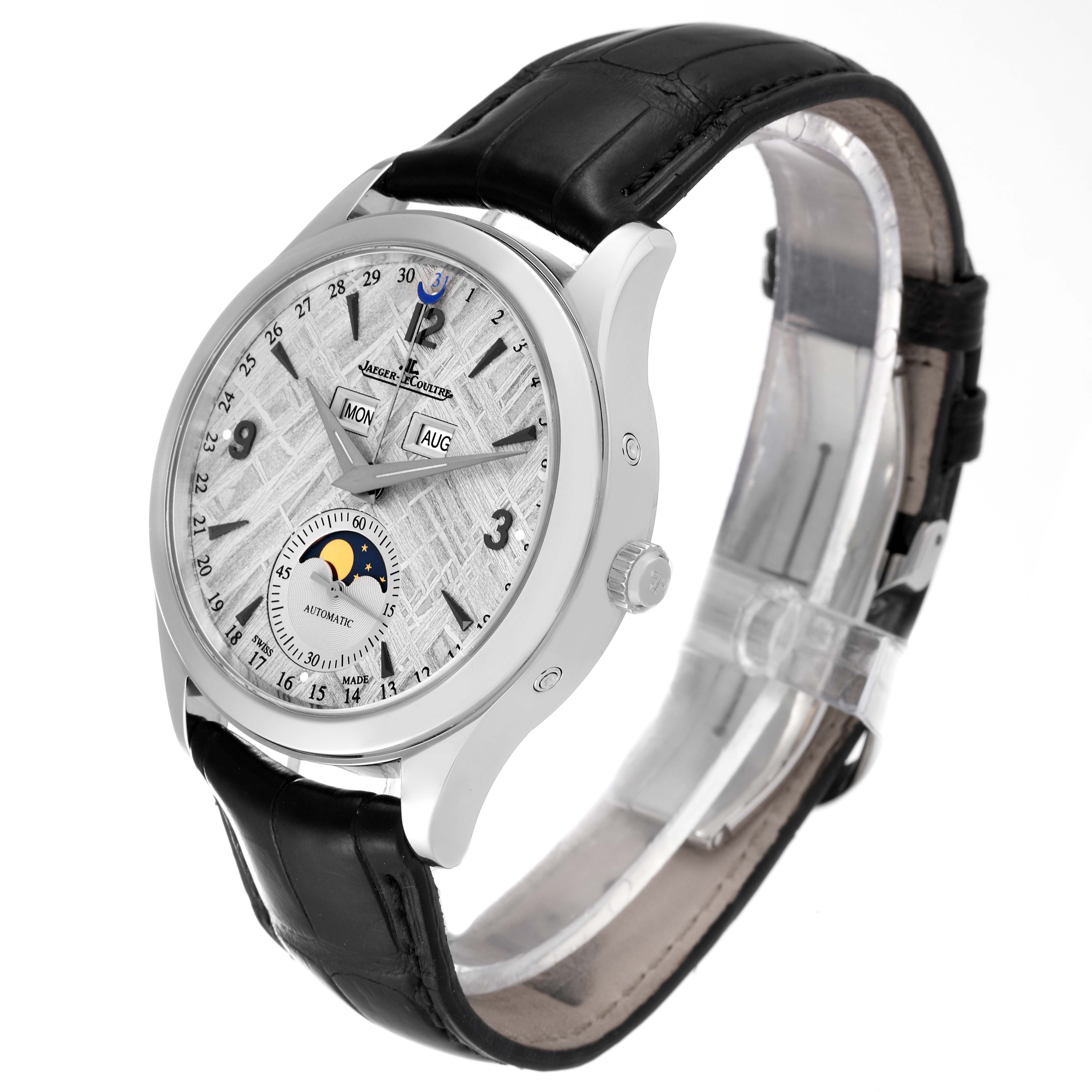 The image shows a side and front angle of the Jaeger LeCoultre Master Q1558421 Men's Stainless Steel Silver Dial Q1558421 Men's Stainless Steel Silver Dial model watch with a black leather strap.