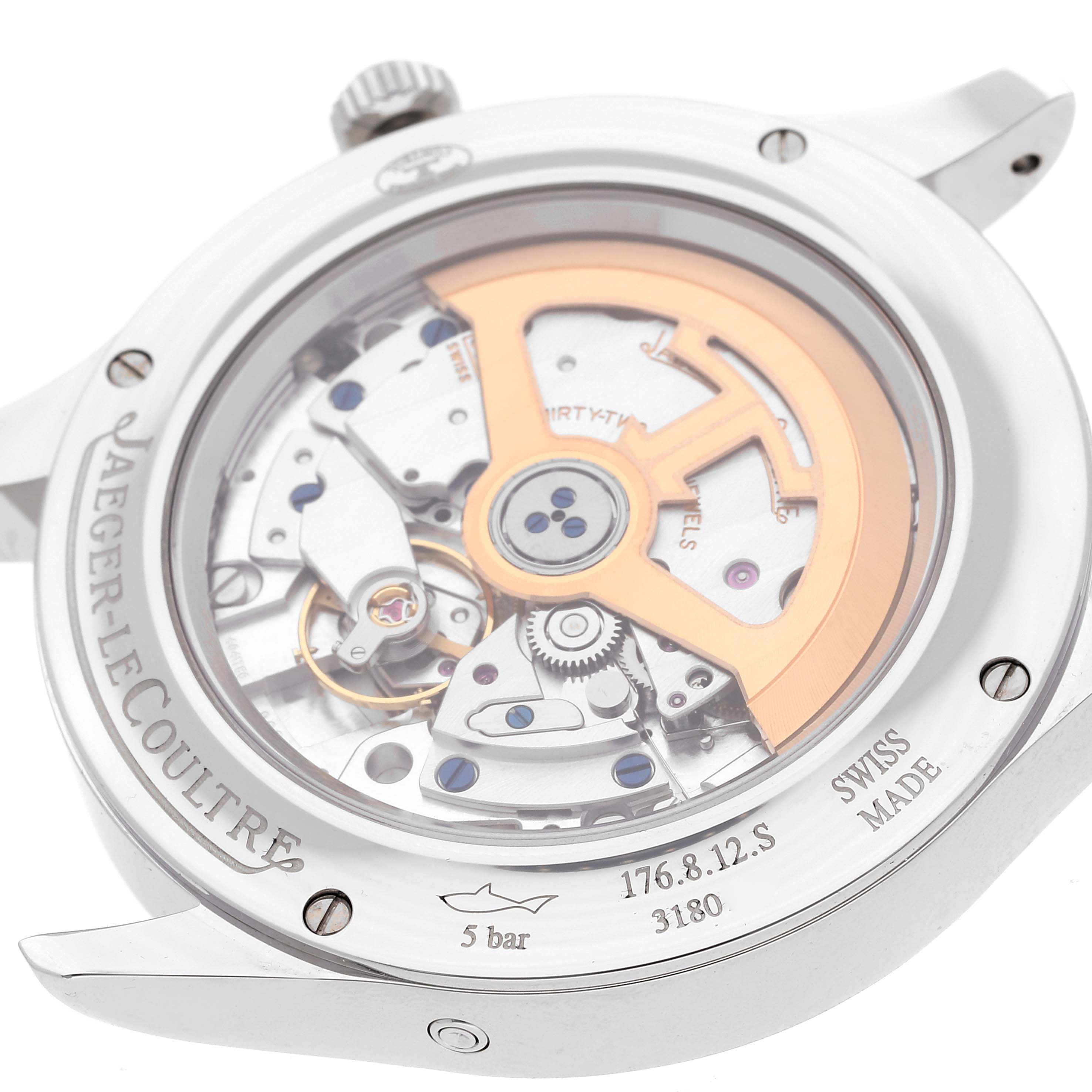 This image shows the back view of a Jaeger LeCoultre Master Q1558421 Men's Stainless Steel Silver Dial Q1558421 Men's Stainless Steel Silver Dial watch, highlighting its movement and rotor.