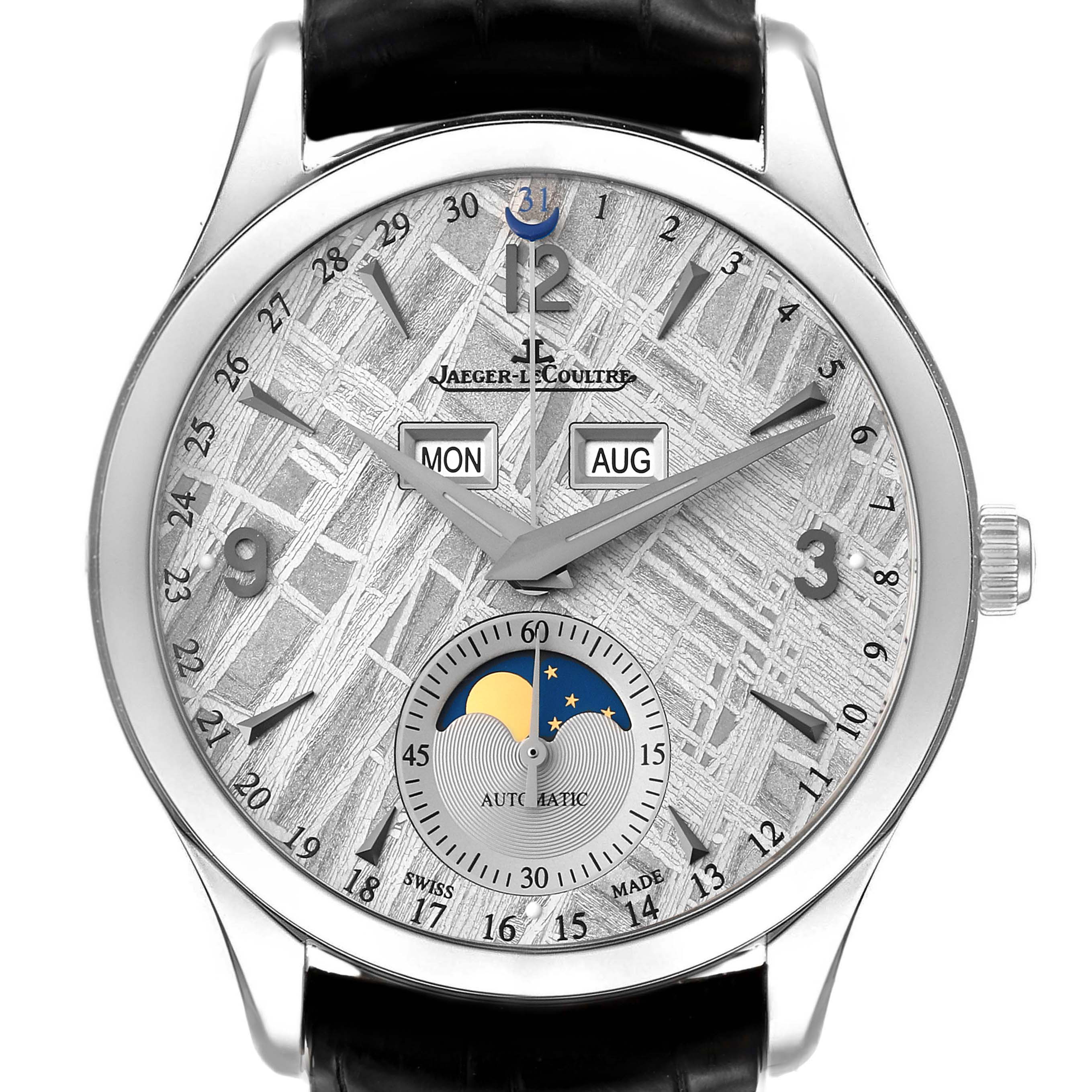 This is a front view of the Jaeger LeCoultre Master Q1558421 Men's Stainless Steel Silver Dial Q1558421 Men's Stainless Steel Silver Dial watch, showing the dial, hands, calendar windows, and moon phase sub-dial.
