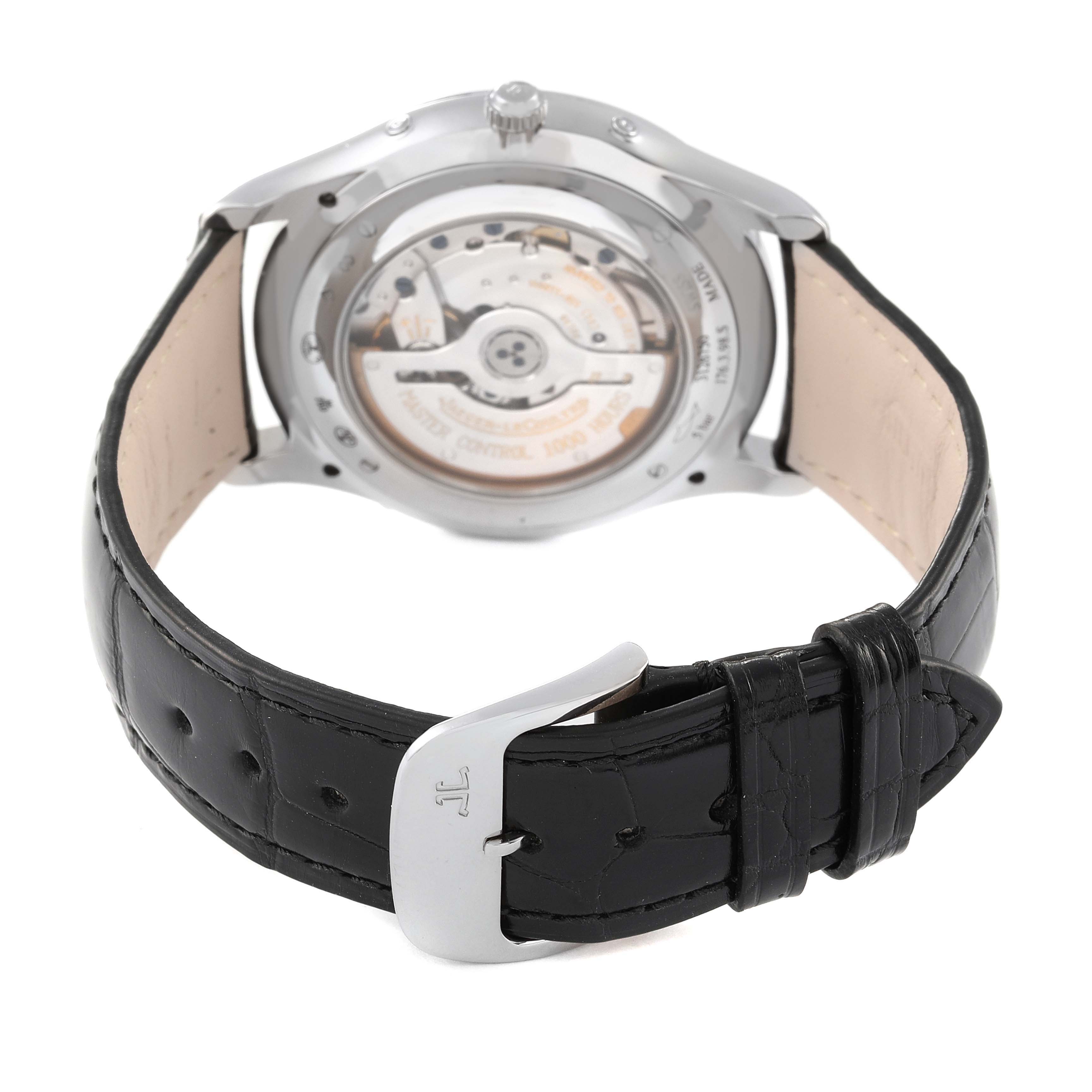 This image shows the back view of a Jaeger-LeCoultre Master model watch, highlighting the movement and black leather strap.