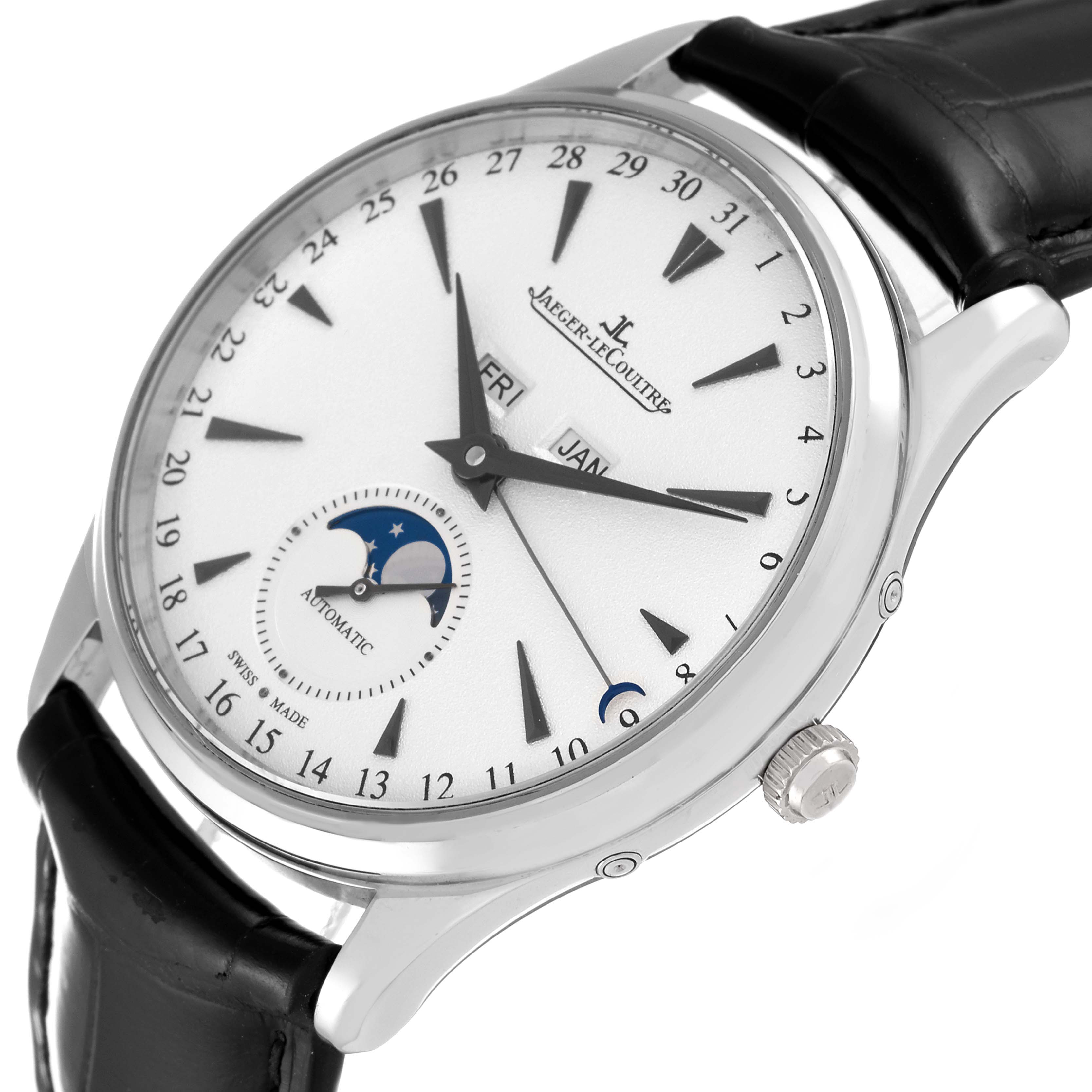 The image shows a close-up of the Jaeger LeCoultre Master Q1263520 Men's White Gold Silver Dial Q1263520 Men's White Gold Silver Dial model watch, highlighting its face, bezel, crown, and leather strap.