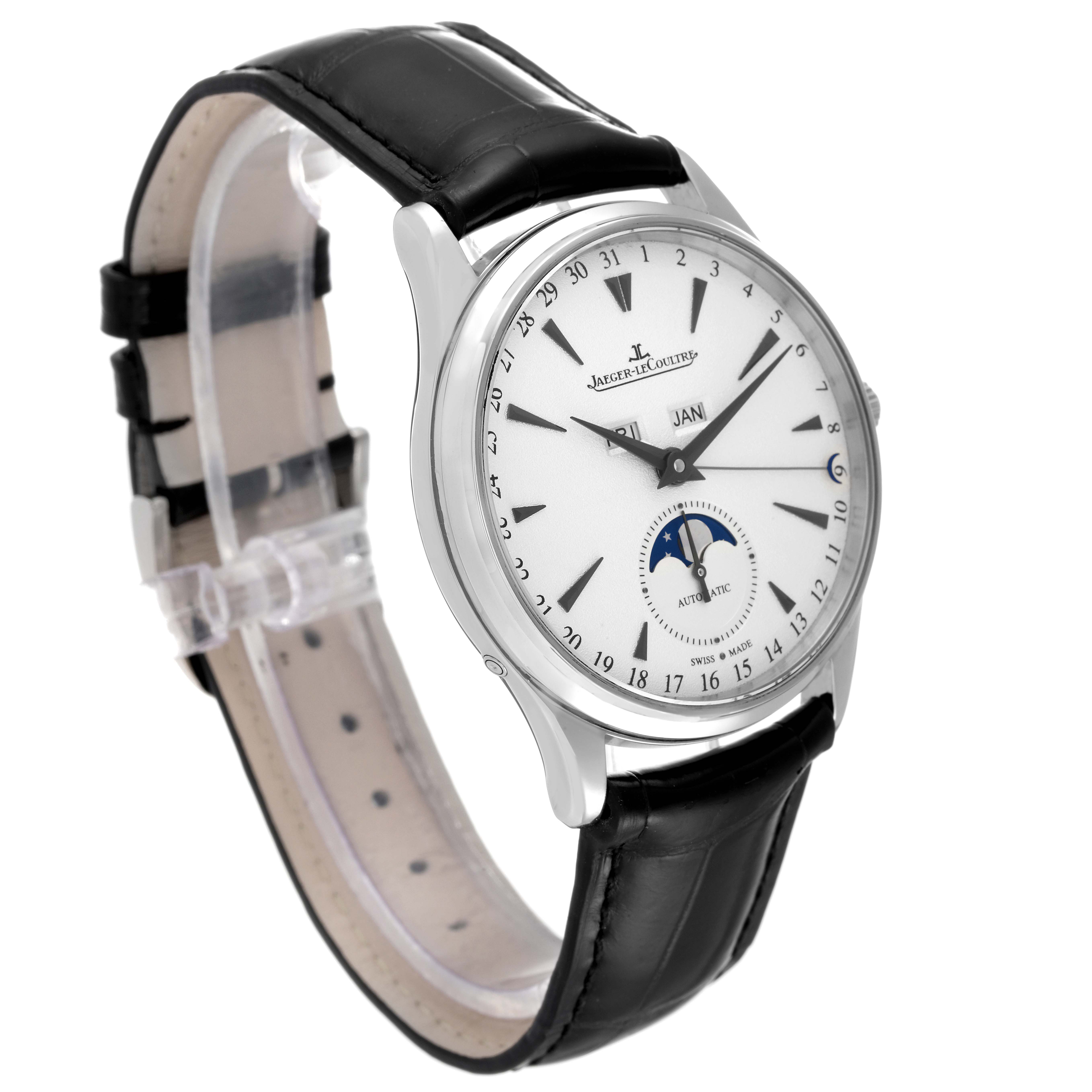 This image shows a Jaeger-LeCoultre Master watch at a slight side angle, displaying its face, black leather strap, and casing.