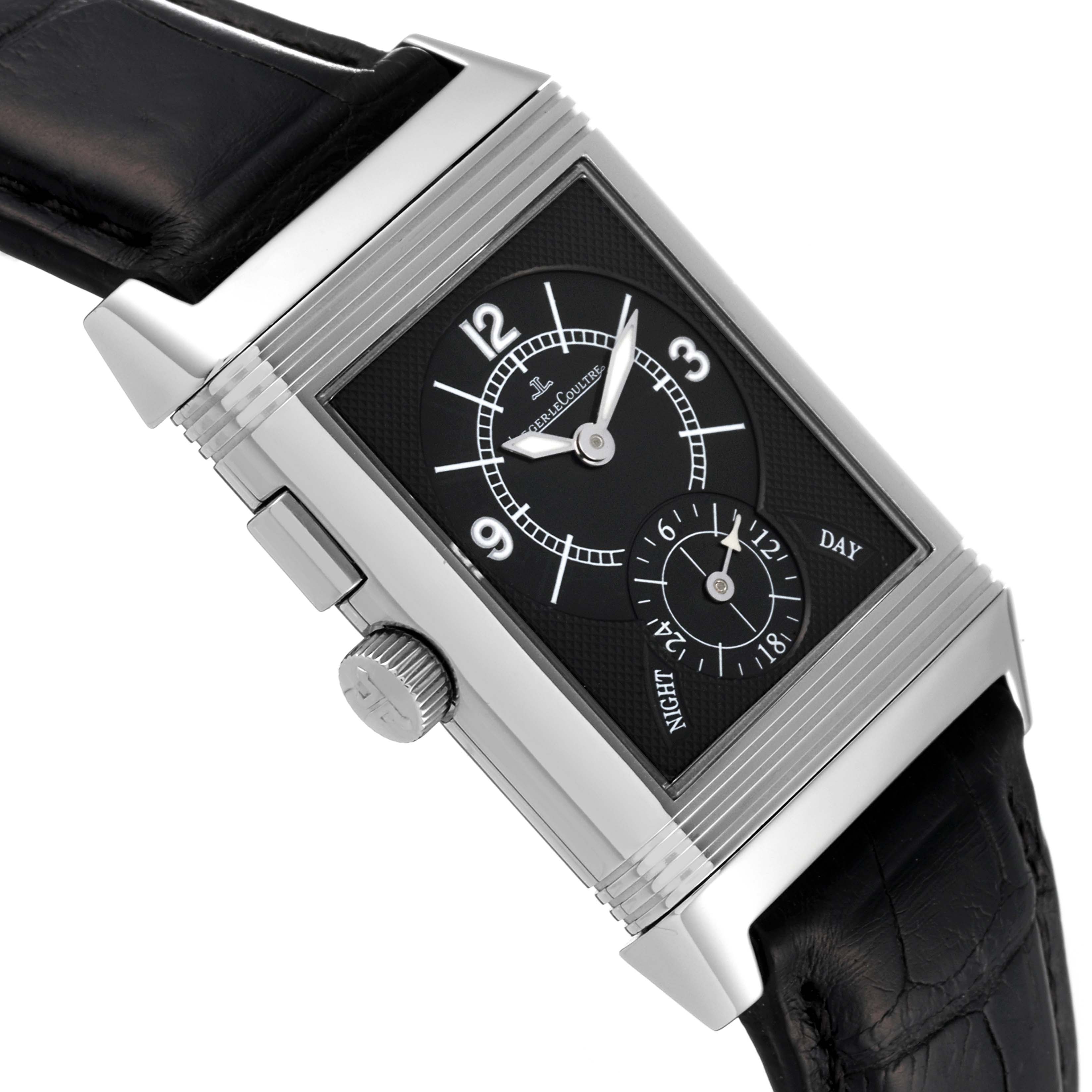 The Jaeger-LeCoultre Reverso watch is shown at an angled close-up, highlighting the face, crown, and part of the strap.