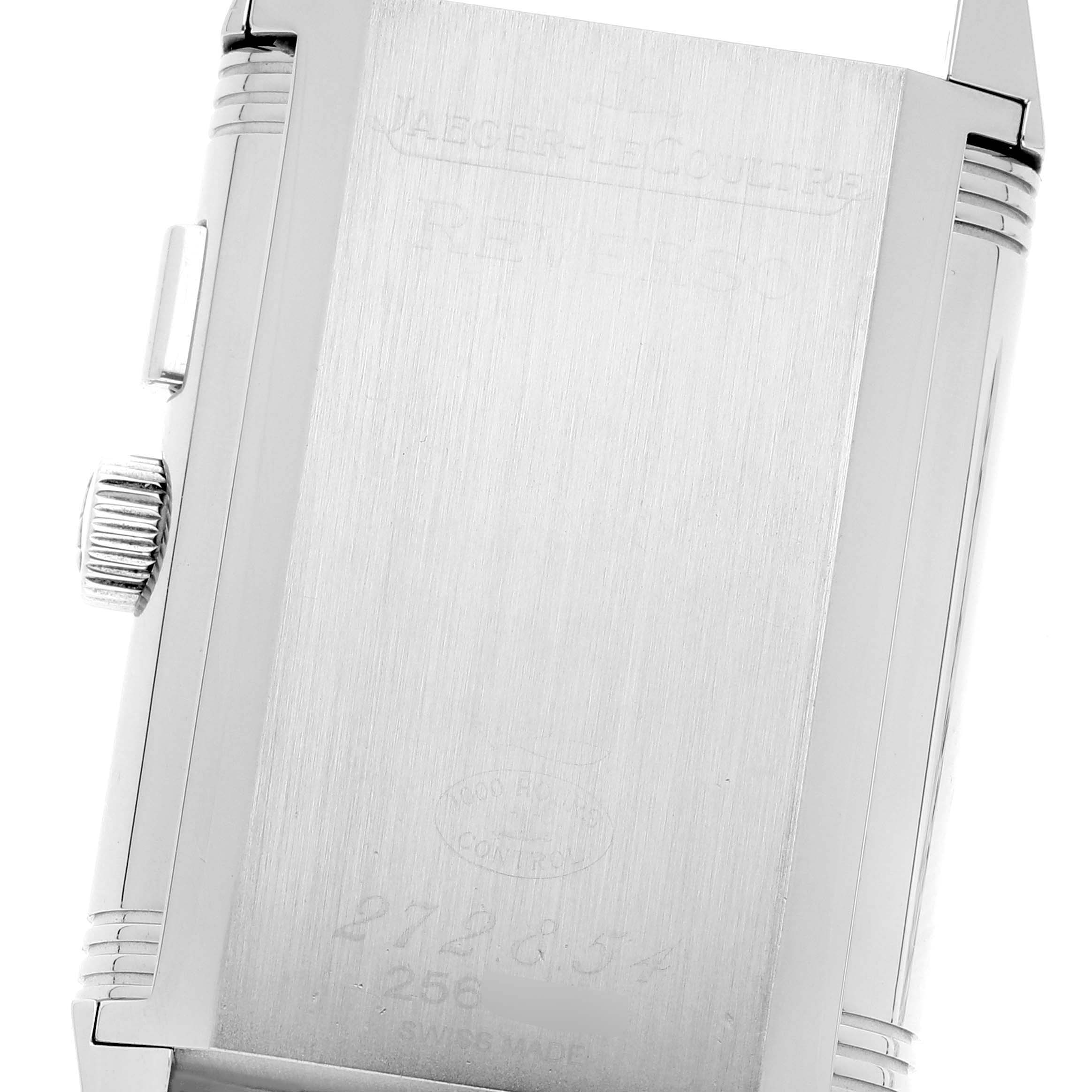 This image shows the back case and crown of the Jaeger LeCoultre Reverso Q2718410 Men's Stainless Steel Silver Dial Q2718410 Men's Stainless Steel Silver Dial watch from a close angle.