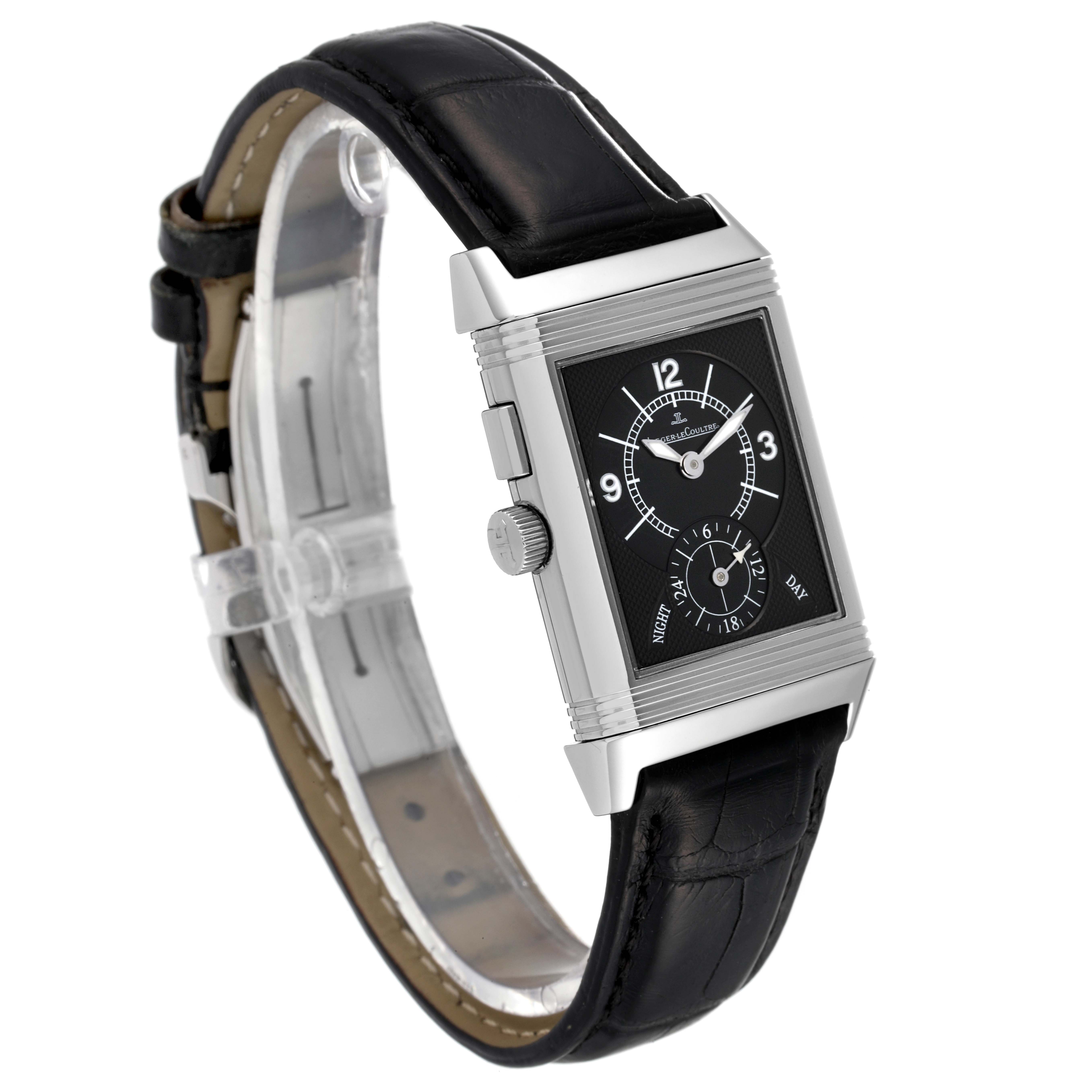 This image shows a Jaeger LeCoultre Reverso Q2718410 Men's Stainless Steel Silver Dial Q2718410 Men's Stainless Steel Silver Dial watch from a side angle, highlighting the rectangular face and black leather strap.