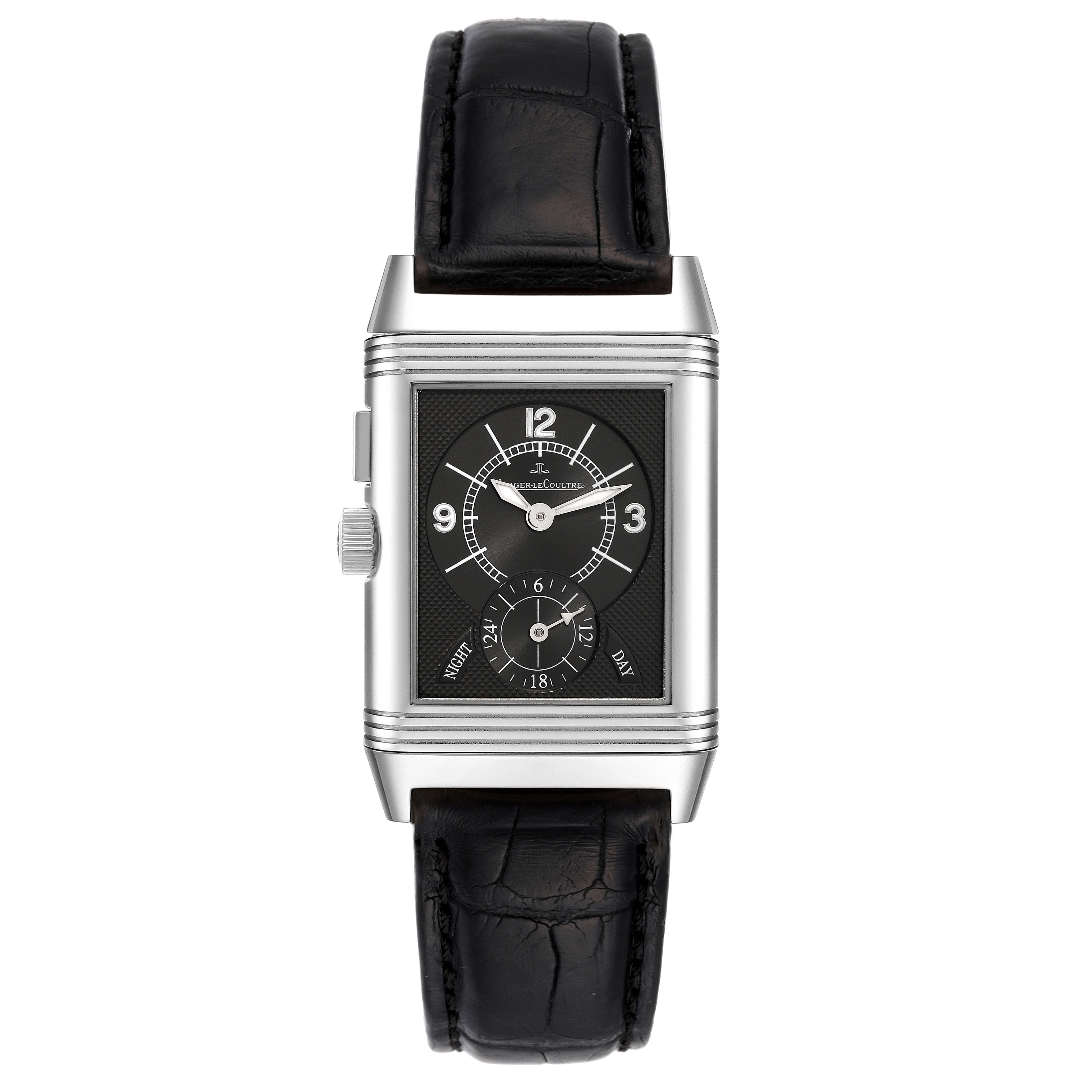This image shows a front view of the Jaeger LeCoultre Reverso Q2718410 Men's Stainless Steel Silver Dial Q2718410 Men's Stainless Steel Silver Dial watch featuring a black leather strap and a rectangular dial.