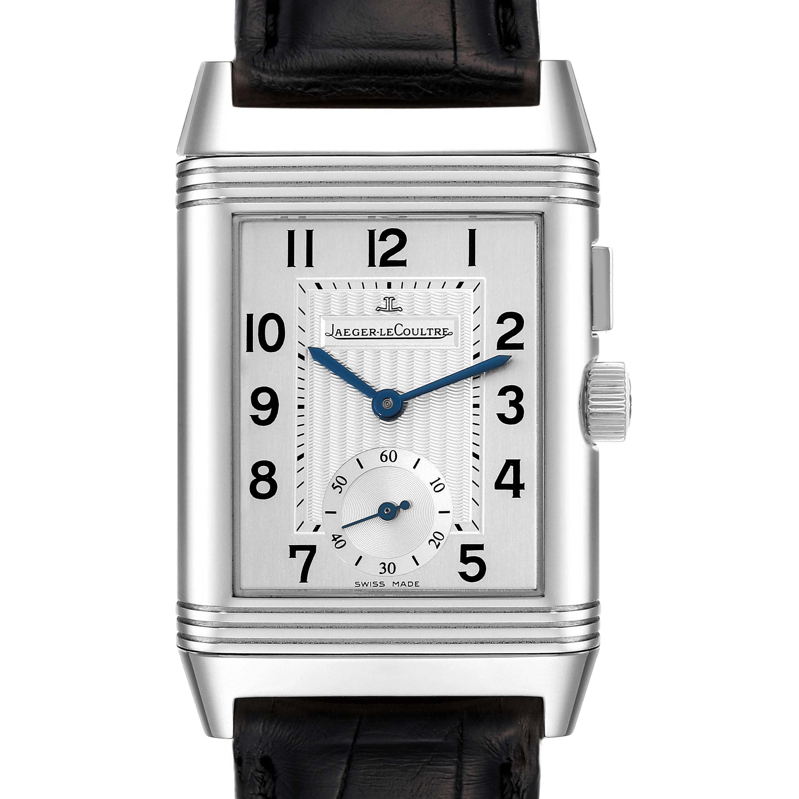 The image shows a front view of the Jaeger LeCoultre Reverso Q2718410 Men's Stainless Steel Silver Dial Q2718410 Men's Stainless Steel Silver Dial watch, including the dial, hour markers, hands, crown, and strap.