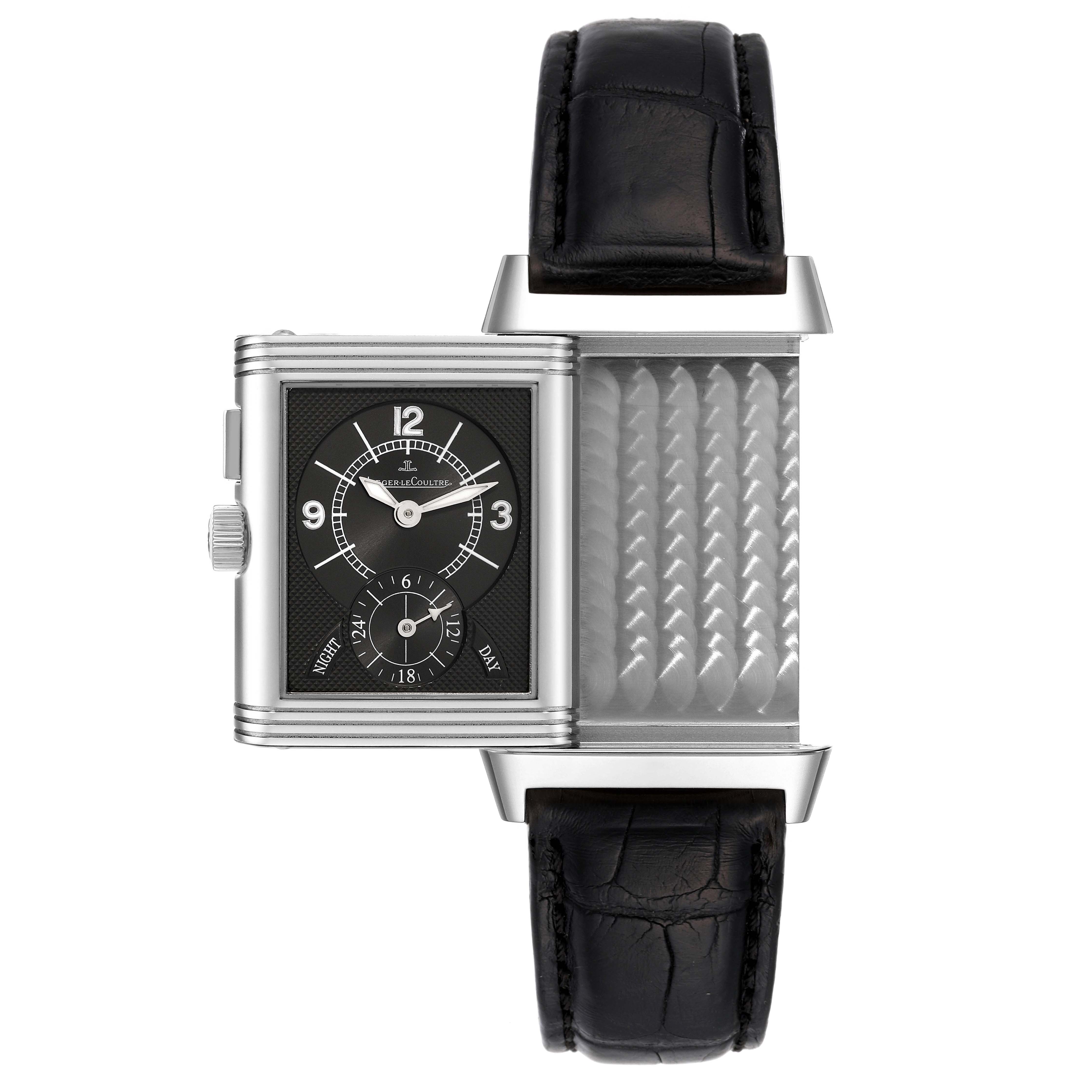 This image shows a Jaeger LeCoultre Reverso Q2718410 Men's Stainless Steel Silver Dial Q2718410 Men's Stainless Steel Silver Dial watch partially rotated, displaying both the dial and the reverse side.