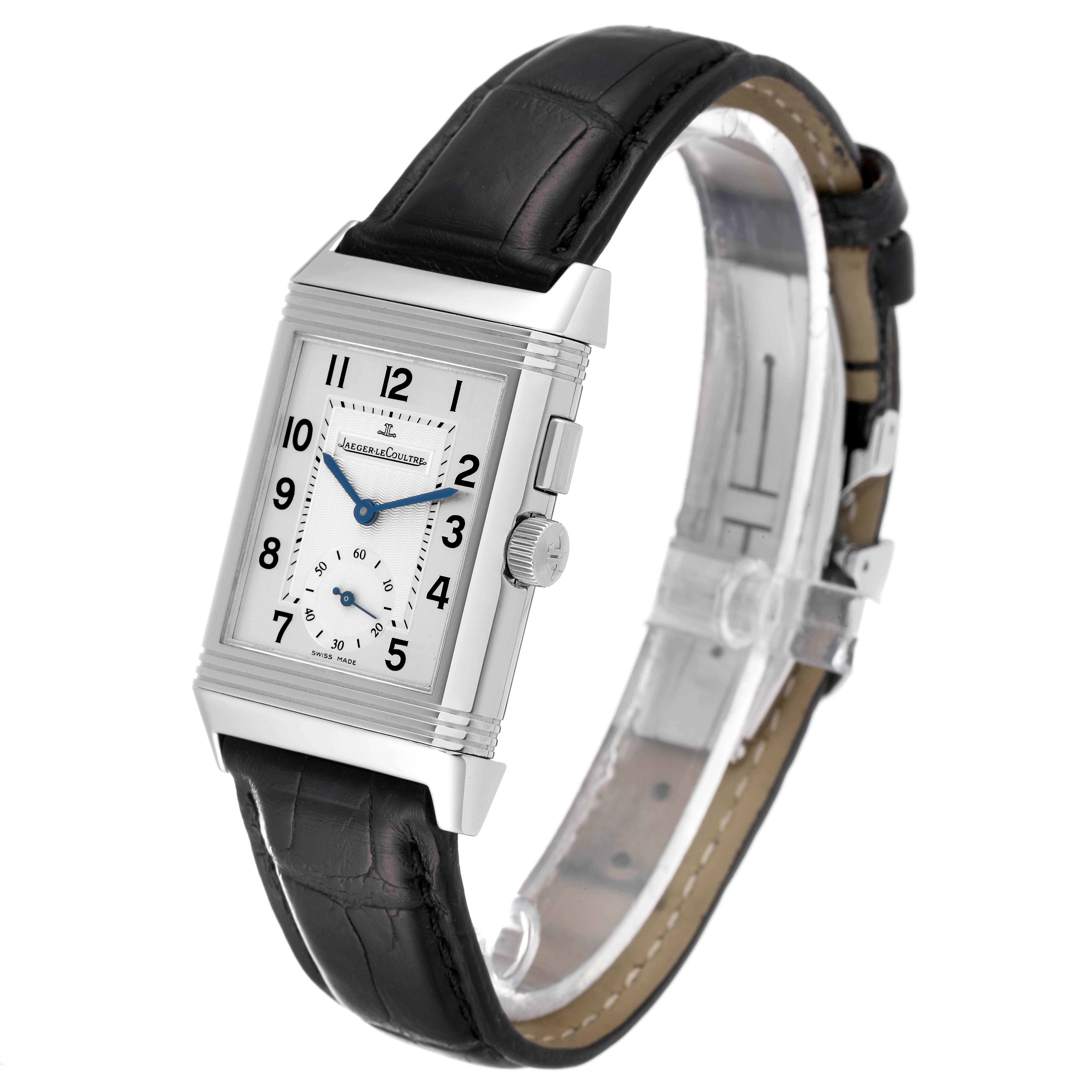The image shows the Jaeger LeCoultre Reverso Q2718410 Men's Stainless Steel Silver Dial Q2718410 Men's Stainless Steel Silver Dial watch from a front angle, displaying its rectangular face, dial, and black leather strap.