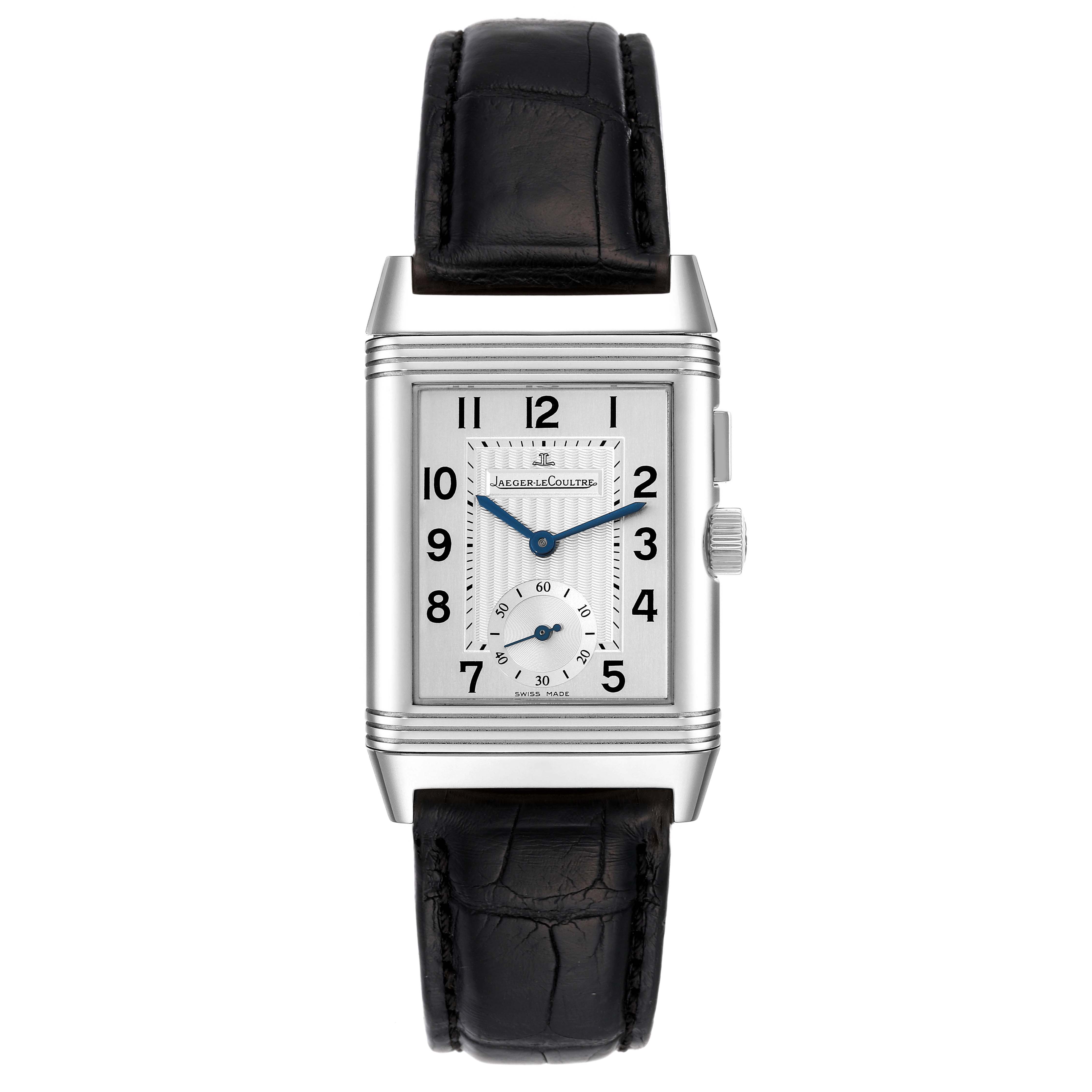 This image displays a front view of the Jaeger LeCoultre Reverso Q2718410 Men's Stainless Steel Silver Dial Q2718410 Men's Stainless Steel Silver Dial watch, showing its rectangular face, numbers, hands, and leather strap.