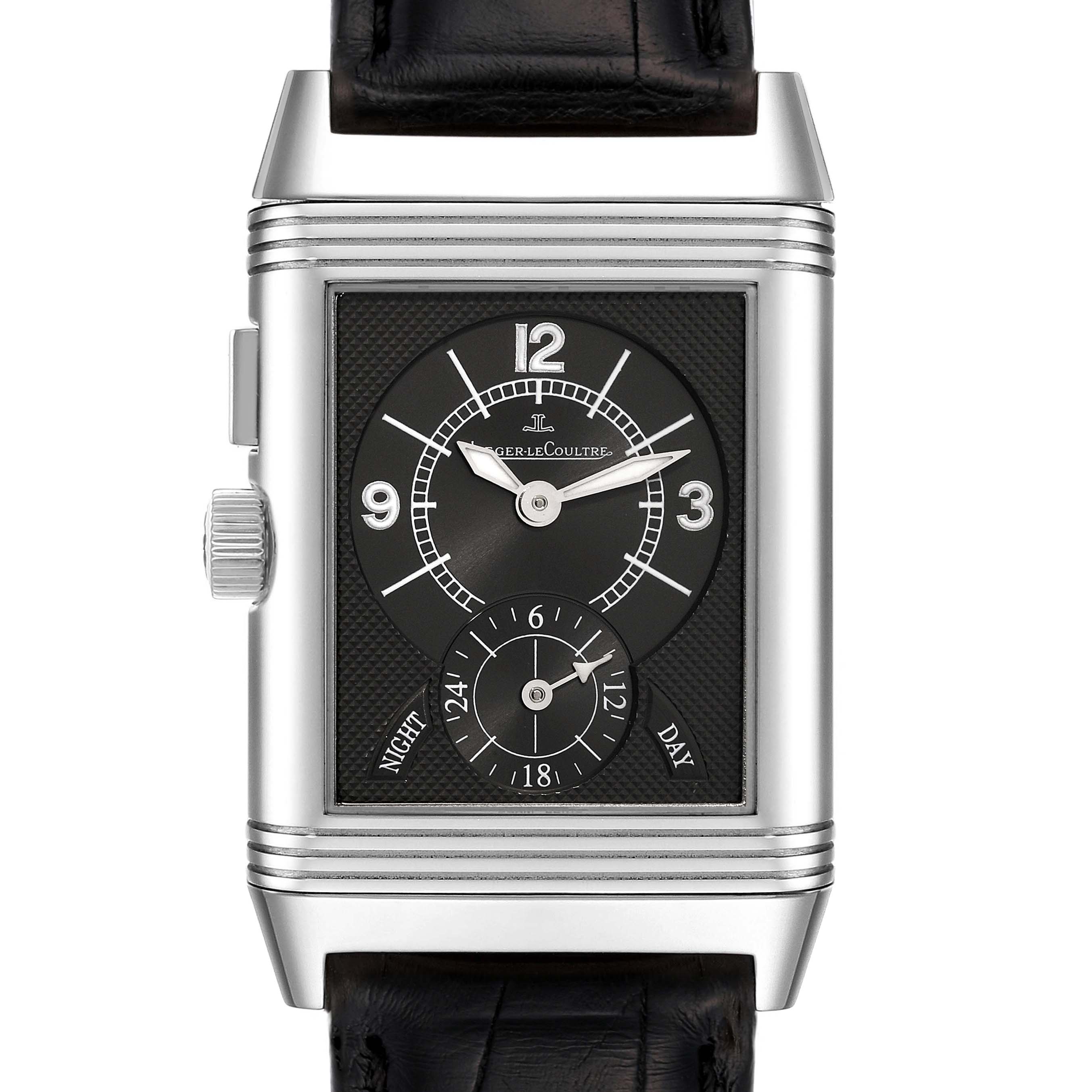 The image shows a frontal view of the Jaeger LeCoultre Reverso Q2718410 Men's Stainless Steel Silver Dial Q2718410 Men's Stainless Steel Silver Dial watch, highlighting its dial and black leather strap.