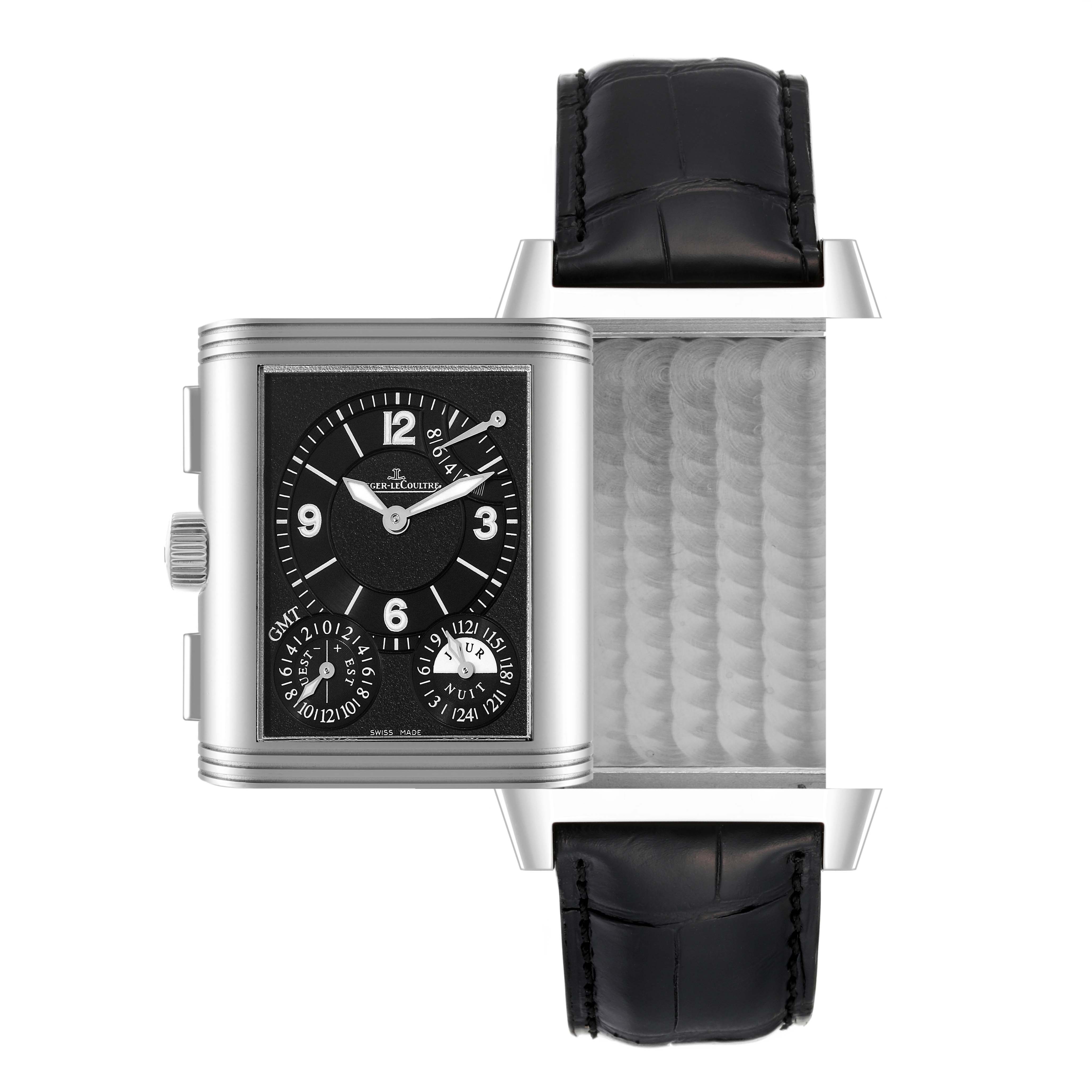 This image shows a Jaeger LeCoultre Reverso Q3028420 Men's Stainless Steel Silver Dial Q3028420 Men's Stainless Steel Silver Dial watch, with its reversible case partially rotated, revealing both the watch face and the back.