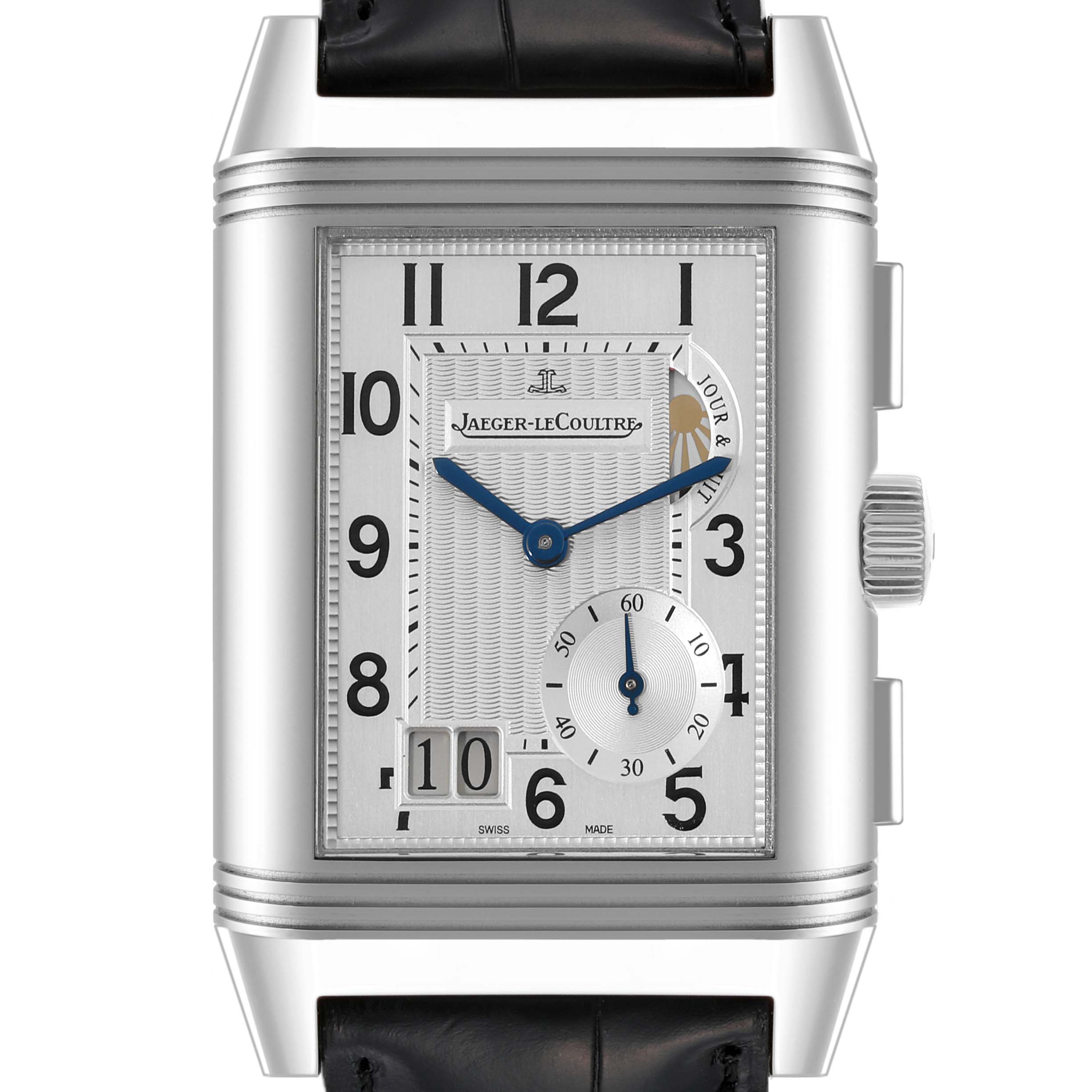 The image shows a front view of a Jaeger LeCoultre Reverso Q3028420 Men's Stainless Steel Silver Dial Q3028420 Men's Stainless Steel Silver Dial watch, highlighting its dial, hands, and case.