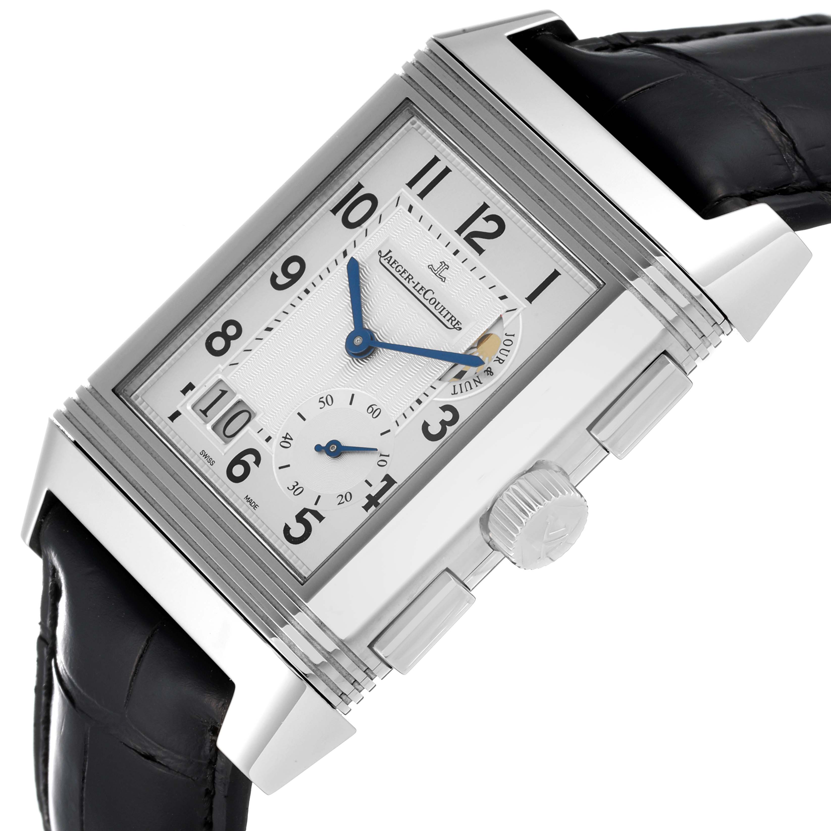 The image shows a close-up side angle of the Jaeger-LeCoultre Reverso watch revealing its dial, case, crown, and part of the strap.