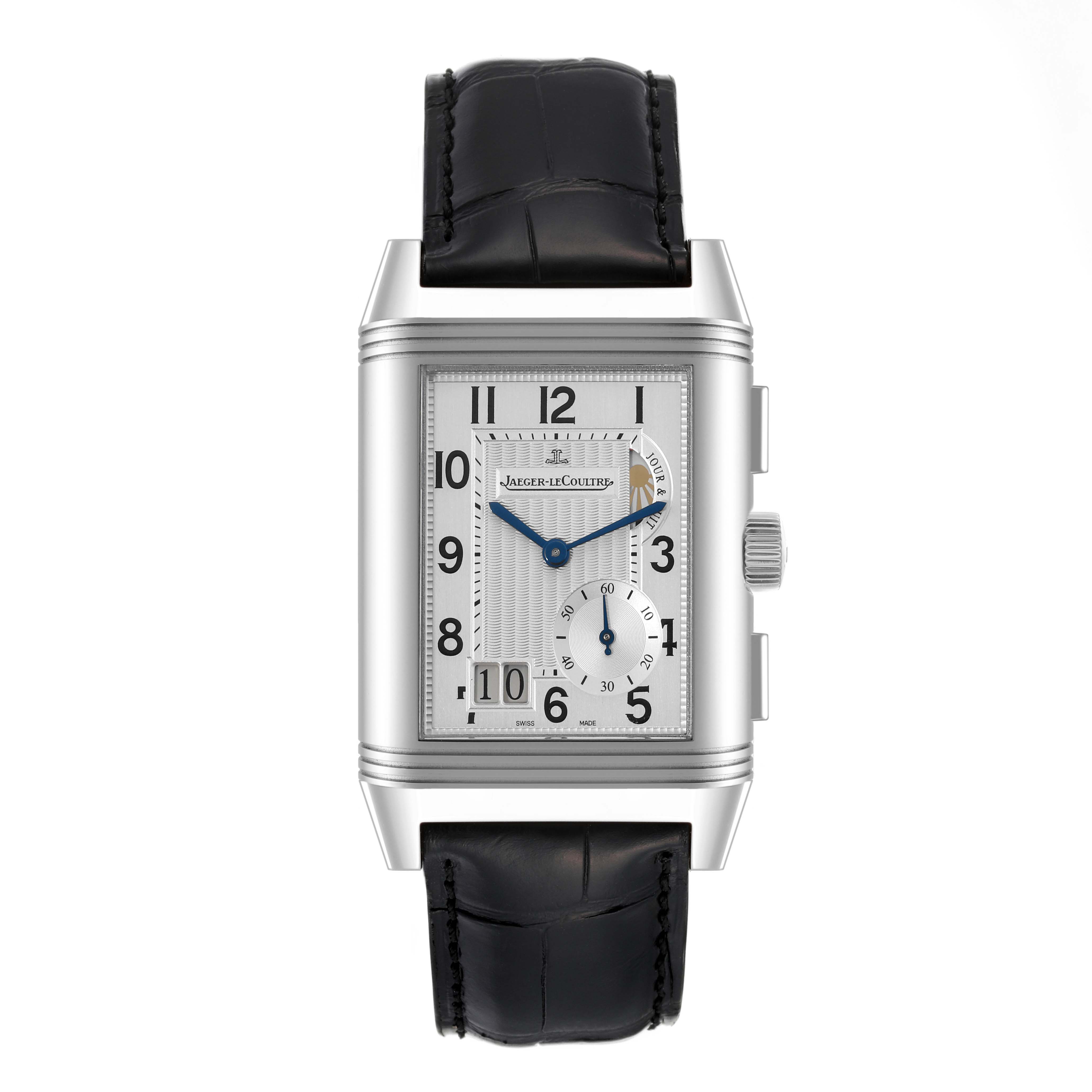 The image shows a front view of a Jaeger LeCoultre Reverso Q3028420 Men's Stainless Steel Silver Dial Q3028420 Men's Stainless Steel Silver Dial watch, highlighting its rectangular face and leather strap.