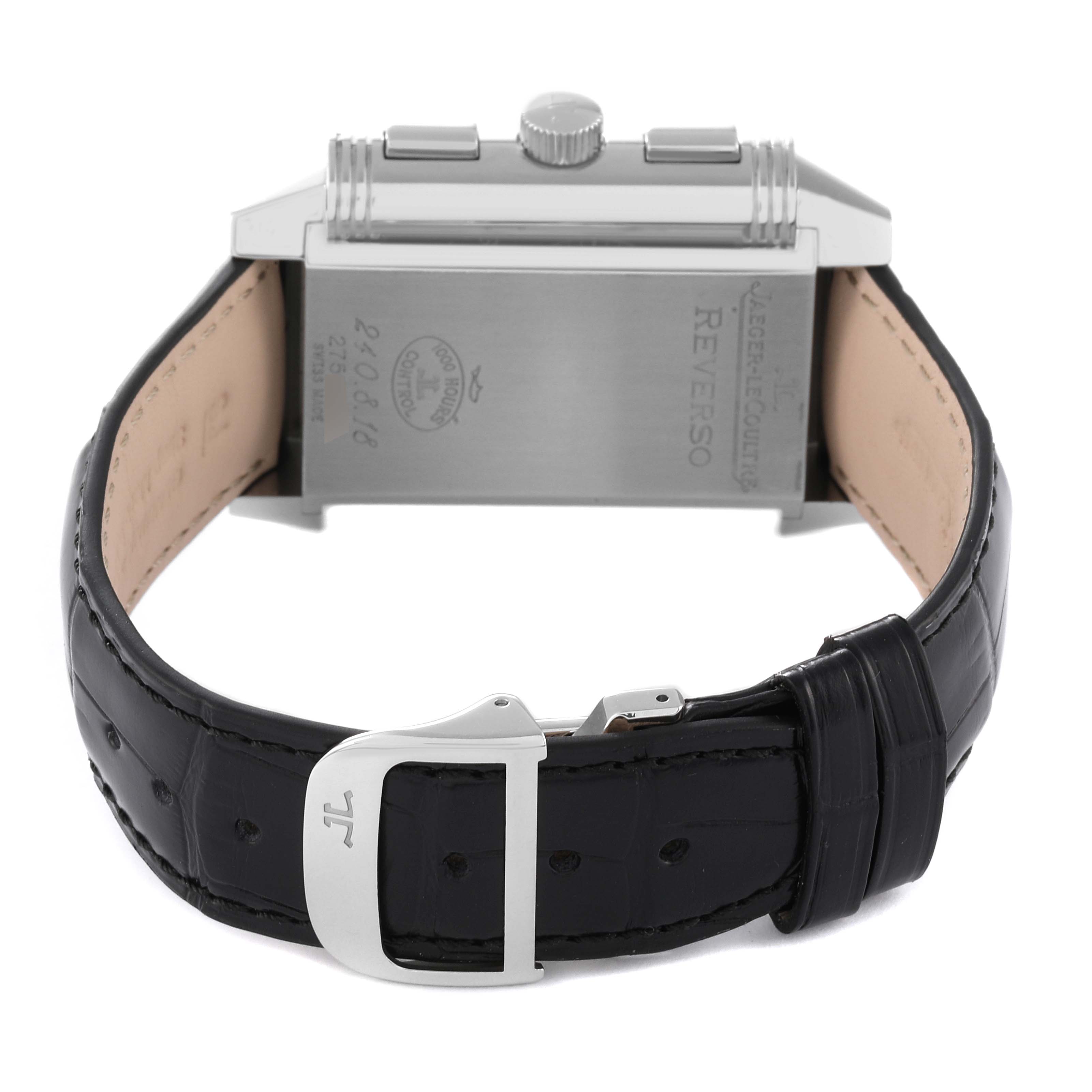 The image shows the back of a Jaeger LeCoultre Reverso Q3028420 Men's Stainless Steel Silver Dial Q3028420 Men's Stainless Steel Silver Dial watch, highlighting the case back, strap, and buckle.
