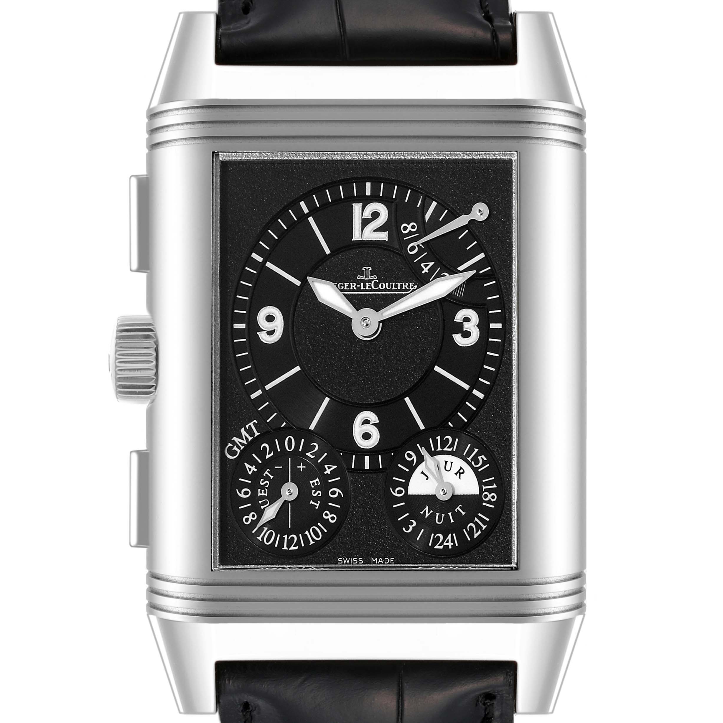 The image shows a frontal view of the Jaeger LeCoultre Reverso Q3028420 Men's Stainless Steel Silver Dial Q3028420 Men's Stainless Steel Silver Dial watch, highlighting its rectangular case and intricate dial with additional sub-dials.