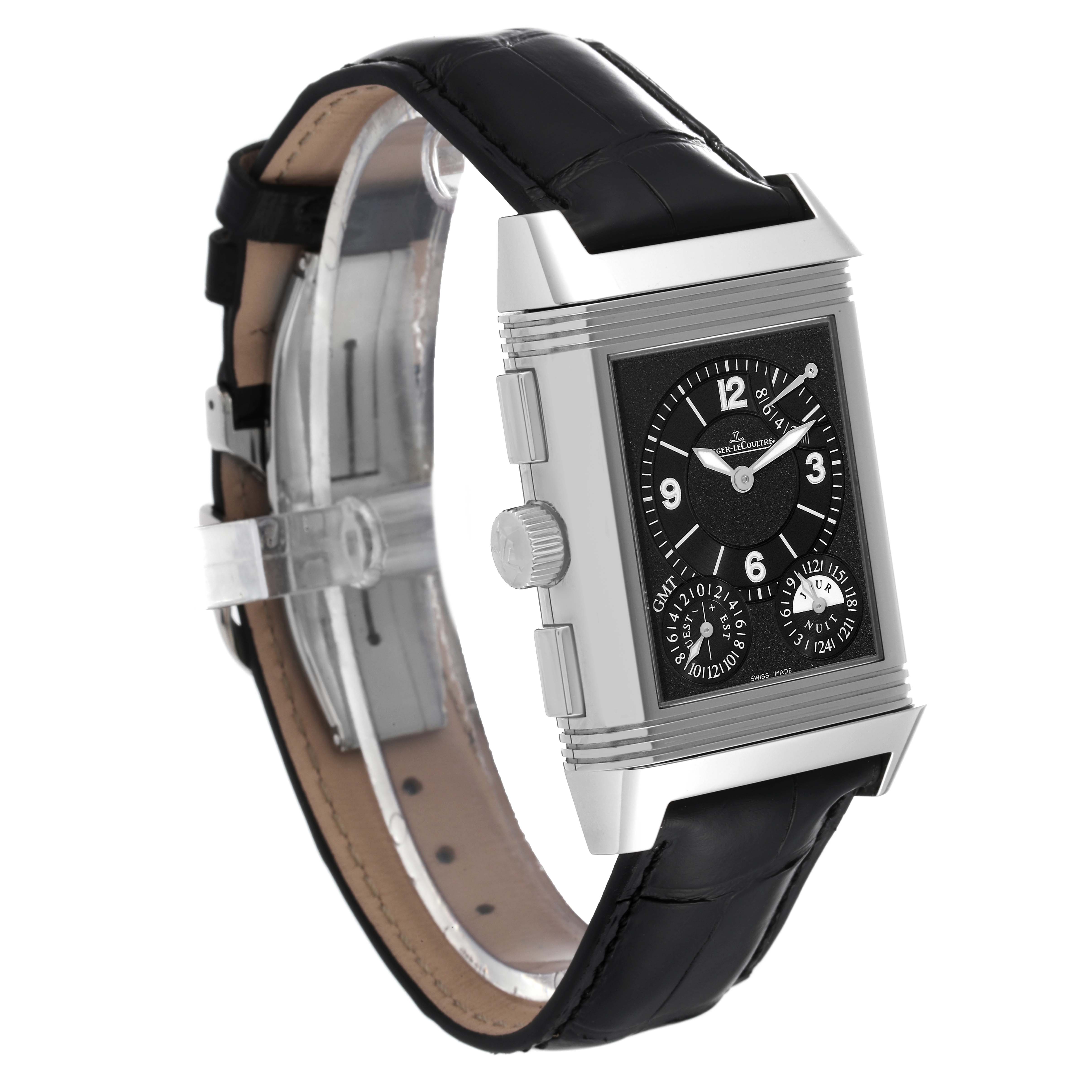 The image shows a Jaeger LeCoultre Reverso Q3028420 Men's Stainless Steel Silver Dial Q3028420 Men's Stainless Steel Silver Dial watch at a three-quarter angle, highlighting its black dial, crown, and strap.