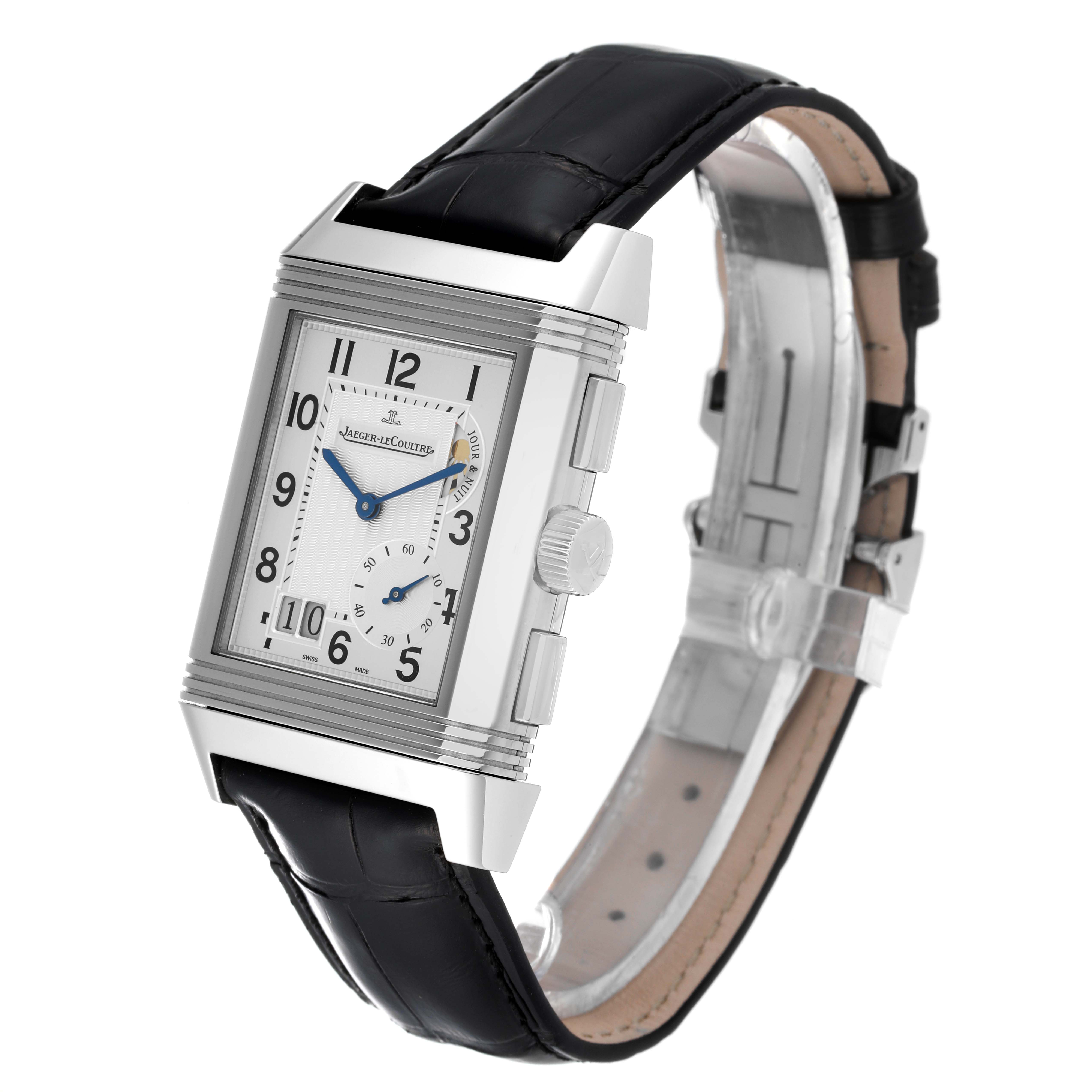 This image shows the Jaeger LeCoultre Reverso Q3028420 Men's Stainless Steel Silver Dial Q3028420 Men's Stainless Steel Silver Dial watch from an angled side view, highlighting the dial and black leather strap.