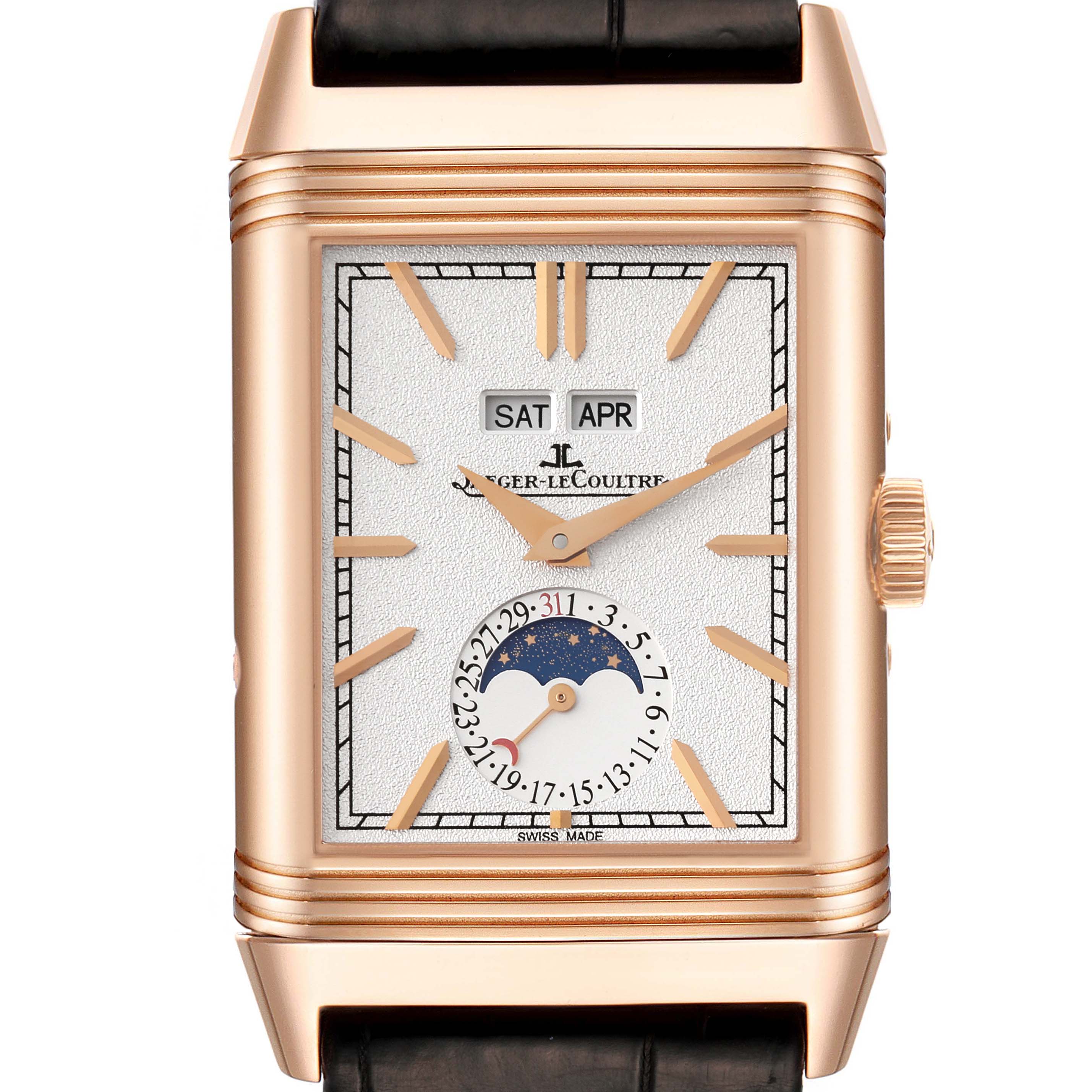 This image shows a frontal view of the Jaeger LeCoultre Reverso Q3912420 Men's Rose Gold Grey Dial Q3912420 Men's Rose Gold Grey Dial watch, displaying the dial, day, date, and moon phase functions.