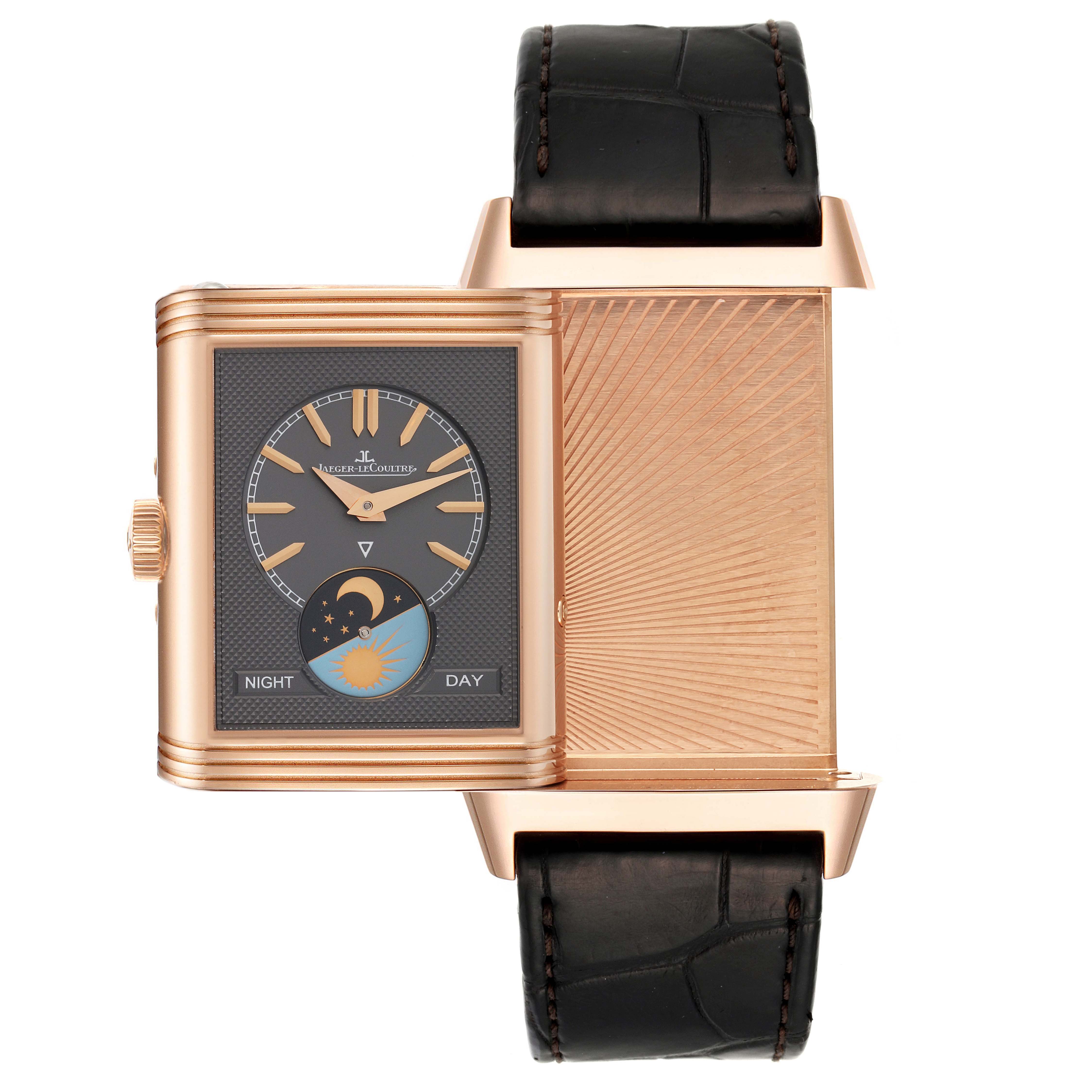 The image shows a Jaeger-LeCoultre Reverso model watch in a partially flipped position displaying its front and back details.