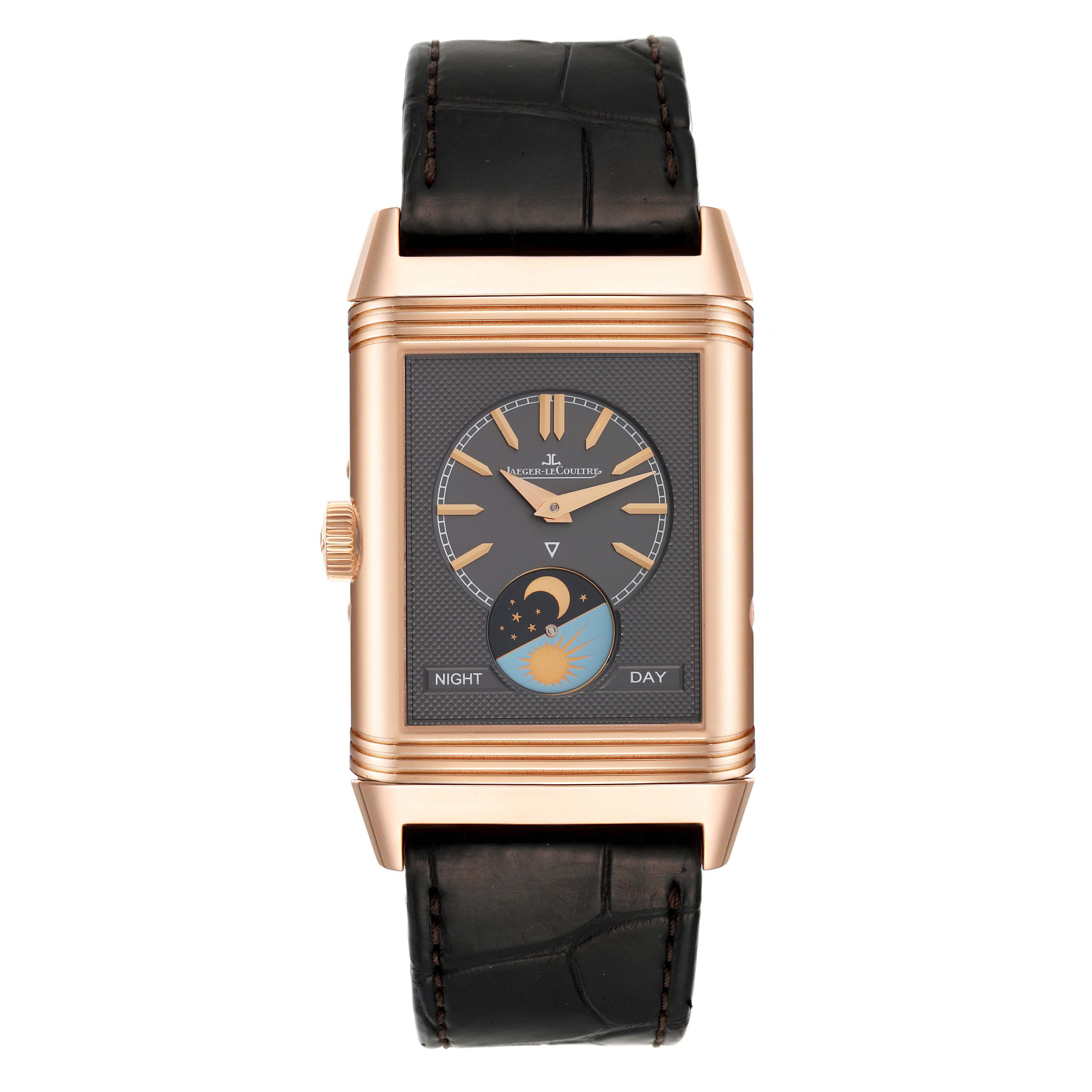 The image shows a front view of a Jaeger-LeCoultre Reverso watch, highlighting its dial, case, crown, and strap.