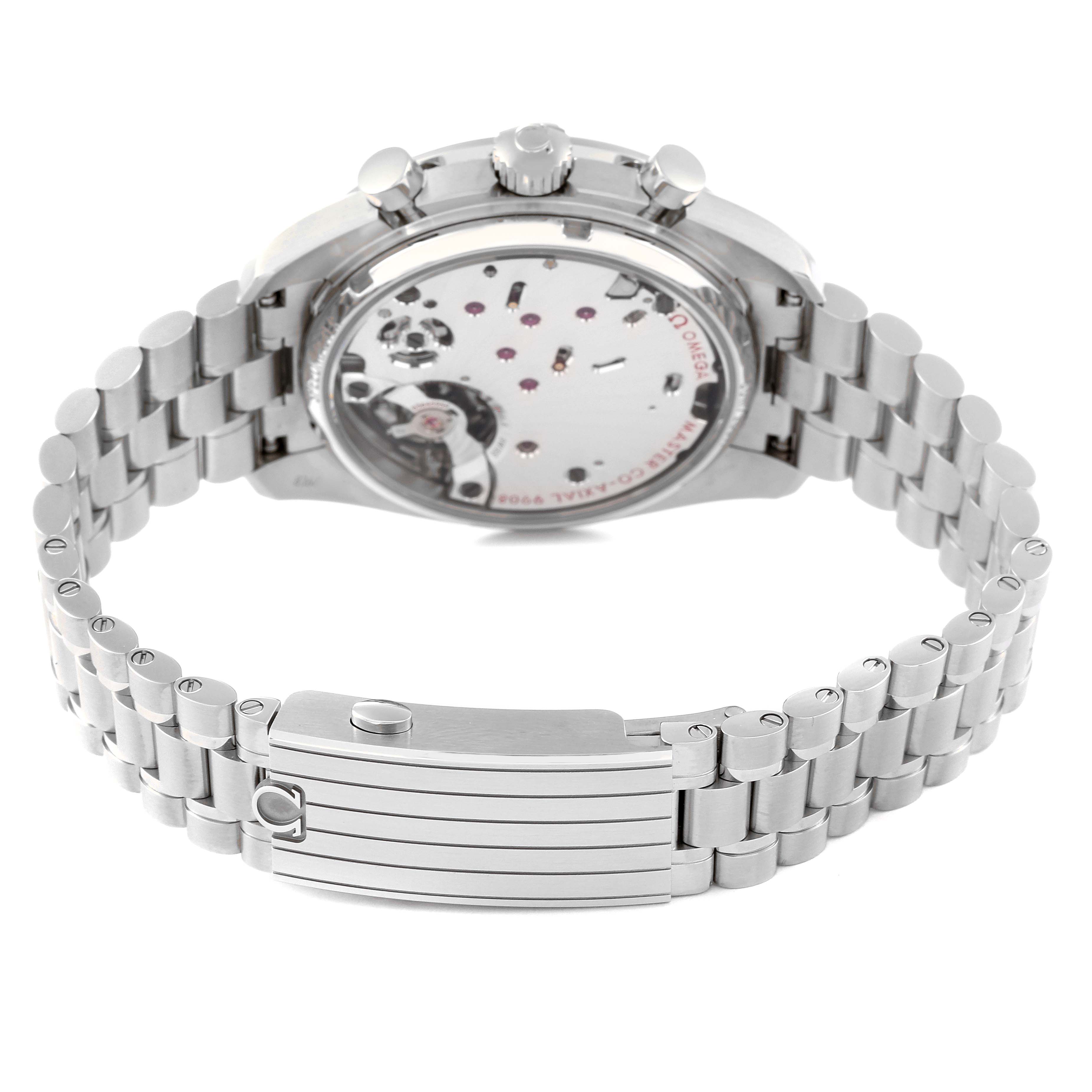 The image shows the back view of an Omega Speedmaster 329.30.43.51.02.002 Men's Stainless Steel Silver Dial 329.30.43.51.02.002 Men's Stainless Steel Silver Dial watch, highlighting its movement and metal bracelet.